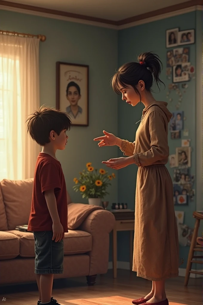 A boy giving money to his mother