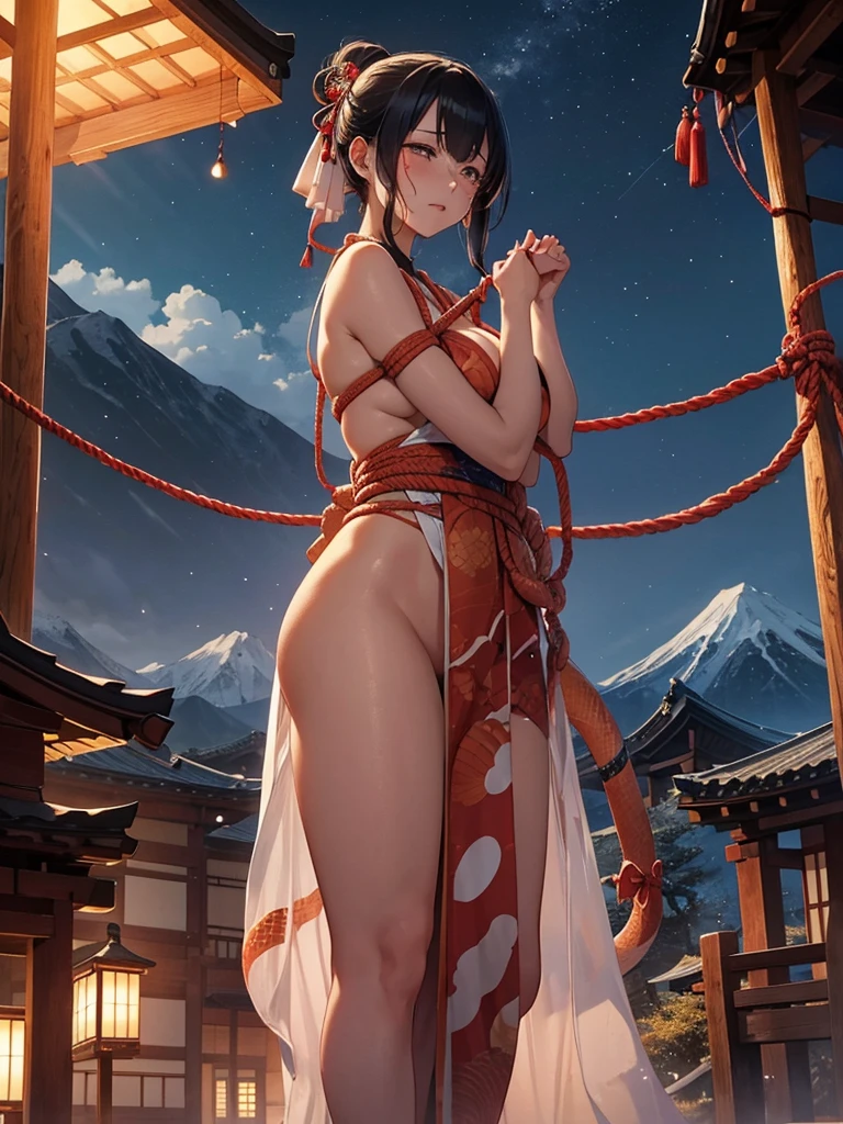 naked, anime, girl, black hair, hair covering nipples, breasts, vagina, sexy, hot, fangirl, tall, athletic, combatant, yorozu, ponytail, wearing a haori, outside, abandoned city, city ruins, sunset, haori, wearing a black haori, samurai girl, samurai, katana, flame aura,