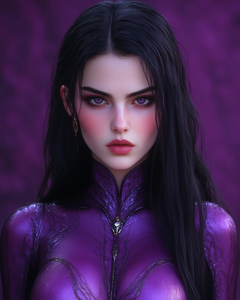 1 woman, inside a secret room, wearing a fine purple leather spy outfit, detailed facial features, feminine lilac eyes, detailed light skin, long bluish black hair, eyes with a slant, strong and serious and dramatic lighting, composition cold cinematic, atmospheric fog, beautiful face, thin chin, beautiful woman, feminine and beautiful, 25 years old (best quality, 4K, 8K, high resolution, art: 1.2), ultra-detailed, (realistic, photorealistic, photorealistic: 1.37)
