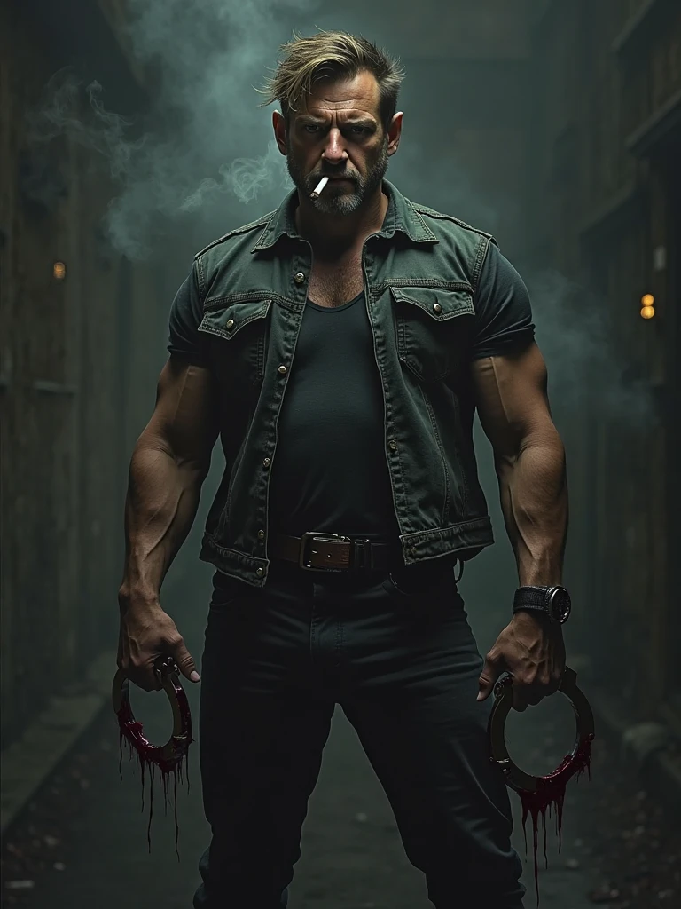 a realistic killer man who has the characteristic of being a multitasker, he has multiple arms and each one has an object and one of those arms has a knife