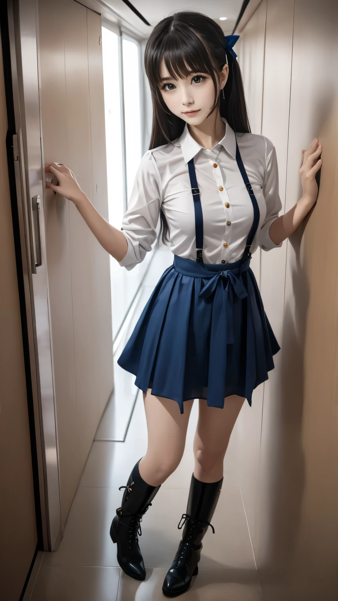 (invisible, no humans, headless, handless, faceless:1.8),cute big breasts, dynamic angle, school bag, RAW Photos, Highest quality, Realistic, Written boundary depth, Lens flare, Realistic background、(Bag strap between chest、(A fitted white school blouse:1.3)、Navy blue pleated skirt:1.4)、Large Breasts:1.3、(masterpiece:1.2), best quality, high resolution, (8k, RAW photo, best quality, masterpiece:1.2), (realistic, photo-realistic:1.37), photon mapping, radiosity, ((Hasselblad photography)), physically-based rendering
