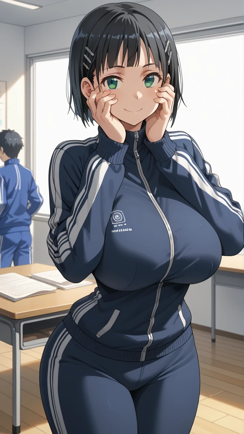 beautiful girl, Navy Blue Hair,Short Hair(Inward Curling Bob) ,blue eyes,Gym suit(Bloomers), Large Breasts、blue earrings