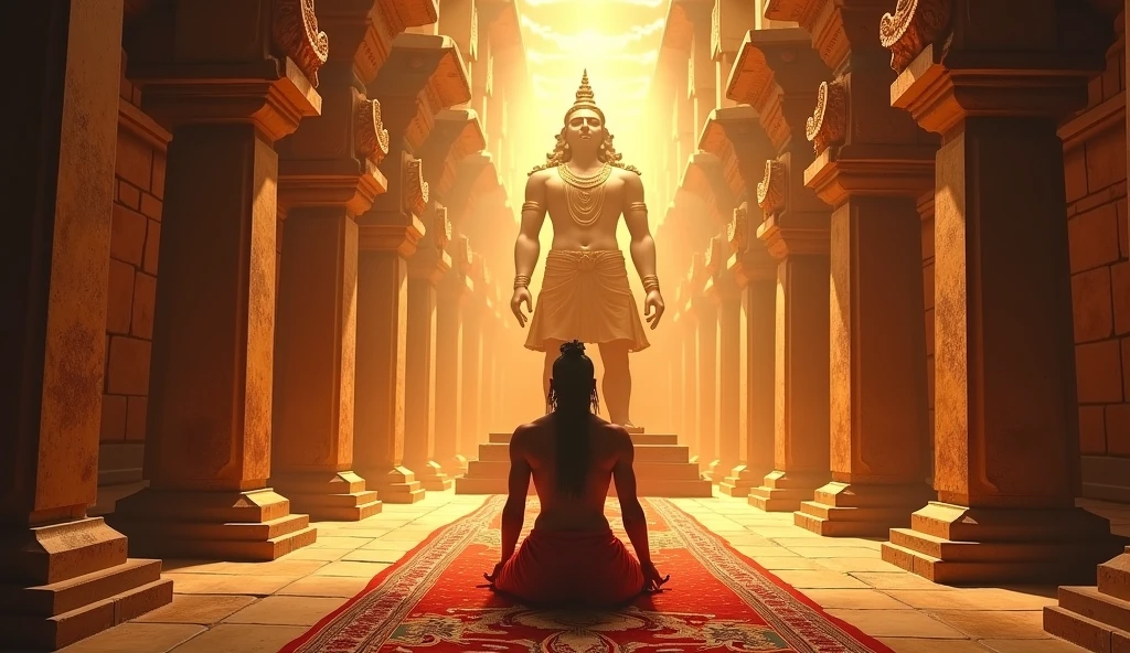 Depict a dystopian landscape representing Kalyug, the age of darkness and moral decline as described in the Bhagavad Gita. The scene should be filled with chaos and destruction, with crumbling buildings, polluted skies, and people in despair. In the midst of this turmoil, illustrate a serene, glowing figure of Krishna, who radiates divine light and peace, providing solace and guidance. Surrounding Krishna, include a few devotees who are receiving his blessings, symbolizing hope and the eternal presence of divinity even in the darkest times. The contrast between the chaotic environment and Krishna's divine aura should be striking, highlighting the spiritual message of the Bhagavad Gita."