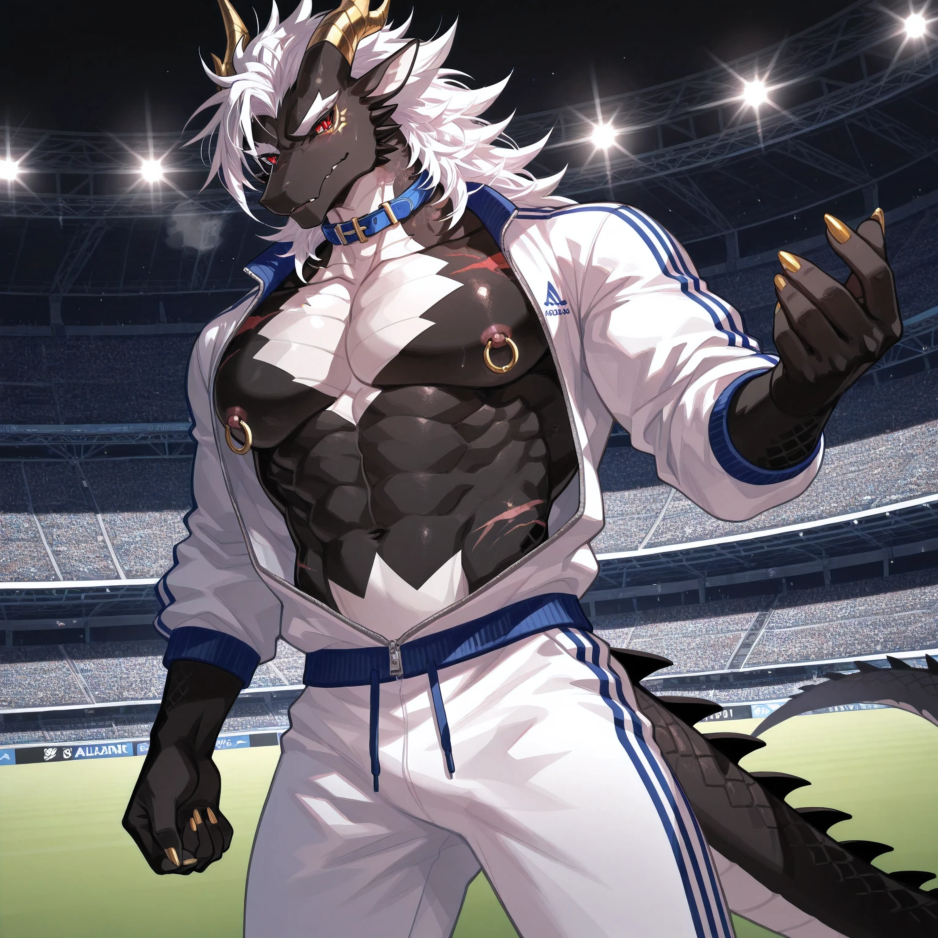 sfw,masterpiece,best quality,amazing quality,very aesthetic,absurdres,newest,volumetric lighting,holographic colors,ultra realistic,3D viewer,high detailed,best quality,high res,pinup pose,very aesthetic,close half body portrait:1.5,portrait,(Muscular,Big muscles,Muscular male furry:1.1),alone,alone,1male furry,Black Oriental Dragon ,Black Dragon Scales,white belly skin, with a colorful ring on a golden dragon horn,delicate eyes,detail eyes,Heterochromic eyes, one red eye , one golden eye , Obvious scars on the face , black body mark ,5 fingers,5 toes,paw,golden nails ,white hair,Tail cluster , black body mark ,Wear a delicate white tracksuit,全身Wear a delicate white tracksuit, Wearing white pants with a red pattern :1.4, Wearing a blue collar on the neck ,Nipple Rings,Standing in the stadium :1.5, Indoor Stadium ,Standing in the stadium ,Breathe loudly,looking at viewer,front viewer,by estper:0.5,by fuzichoco:0.7,by zerofox1000:0.6,by null-ghost:0.8,BREAK masterpiece, best quality, amazing quality, very aesthetic,highres, absurdres,