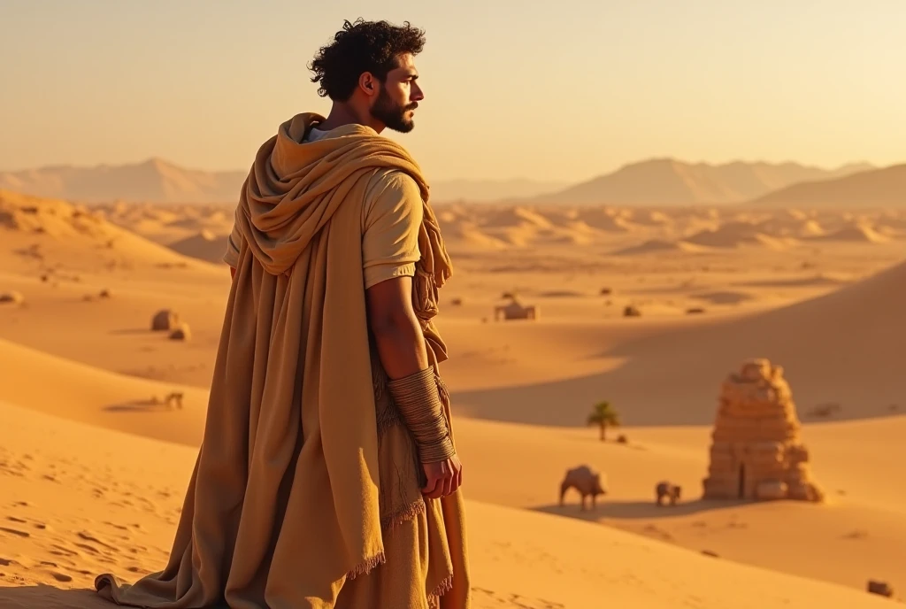 a Hebrew believer, with a thin appearance, did not eat much because he was fasting, biblical story, in the desert, 4k, photographic and realistic image