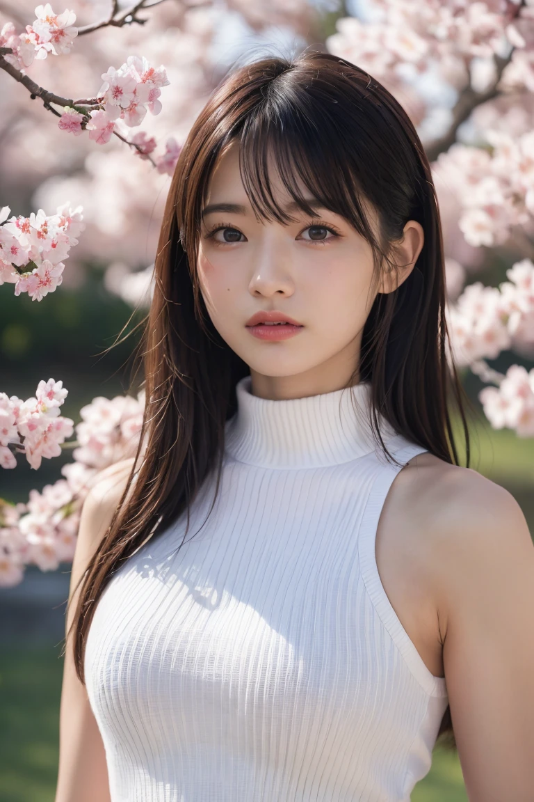 (8K, Raw photo, highest quality, masterpiece: 1.2), Super detailed, super resolution, (genuine, genuine photos: 1.37), portrait, High-definition RAW color photo, professional photos, 非常に詳細で美new, very detailed, 8k wallpaper, amazing details, huge file size, official art, very detailed CG Unity 8k wallpaper, very detailed beautiful girls, very detailed facesHighly detailed eyes, Very fine skin, very detailed fingers, very small nose, very detailed detailed mouth, perfect anatomy, detailed background, fine clothes,20th generation, cute girl, genuineistic body,  white skin, glowing skin,  (dull bangs: 1.2), smile, cute, like々new, cute face, genuineistic face, delicate eyes, sagging eyes, (No sleeve、front open、Back-open off-shoulder turtleneck sweater)、earrings, necklace、looking at camera, dynamic lighting, G cup breasts,big breasts、、(Background of cherry blossom trees on the riverbed)、(Dynamic Sexy Pose 1.2)、(There is a cleavage )、(White and pink theme)、(Delicate, plump and moist lips)
