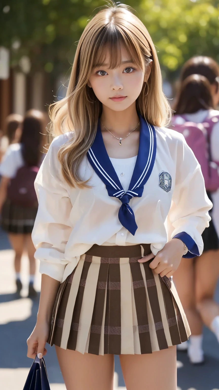 Her windblown blonde hair obscures her pretty face..、Bangs that flow between the eyes、Sexy big 、16 year old cute little smile、Shiny, bright, straight, super long blonde hair、Cute and beautiful long, smooth bangs covering the area between the eyes、Long, straight, silky hair、sexy and cute beautiful young girl、clear, white and Shiny skin、Shiny skin、Beautiful Face、Beautiful brown eyes that shine so brightly、Very big eyes、Small Face Beauty、Perfect beauty、(Whole body 4:1)、(high school girl)、Climbing the stairs at school、Shot from below、Looking back from behind、uniform、Sailor suit、Short skirt、The pants are a little visible、Sexy pose、gravure、 information