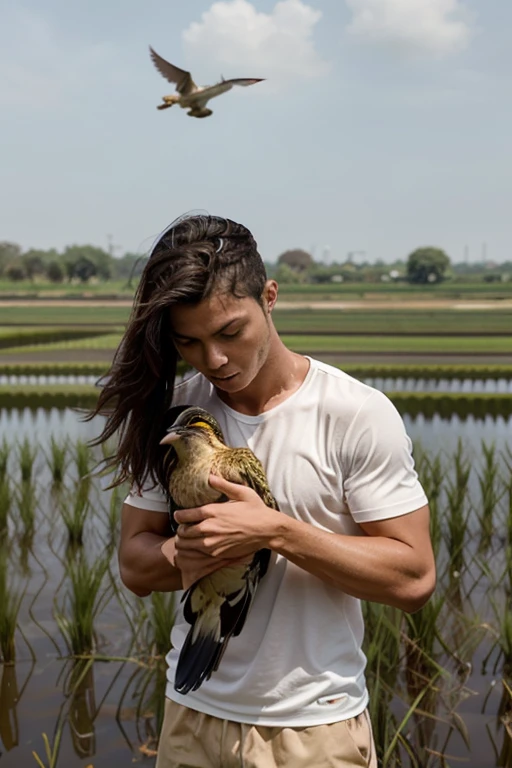 A boy, duck hybrid, messy long white hair, with yellow locks, confused expression, white shirt and shorts, duck feathers and ducktail
