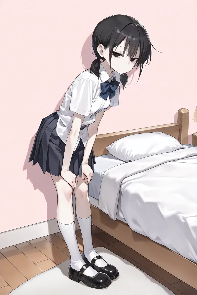 1girl in、Front-facing、Composition from below、crouching down、Panchira、Full body portrait、brown haired、Shorthair、Medium haircut、red blush、Absolute area、black knee socks rack rack knee high rack stocking rack pantyhose、Black Lace Pantyhose、White underwear、white panties、No shoes、hands off shoes、White pleated skirt、student clothes、Japan High School Student Uniform、summer clothing、Bedrooms、in a house、during daytime、(petite bodiesbian))、masterpiece、(top-quality)