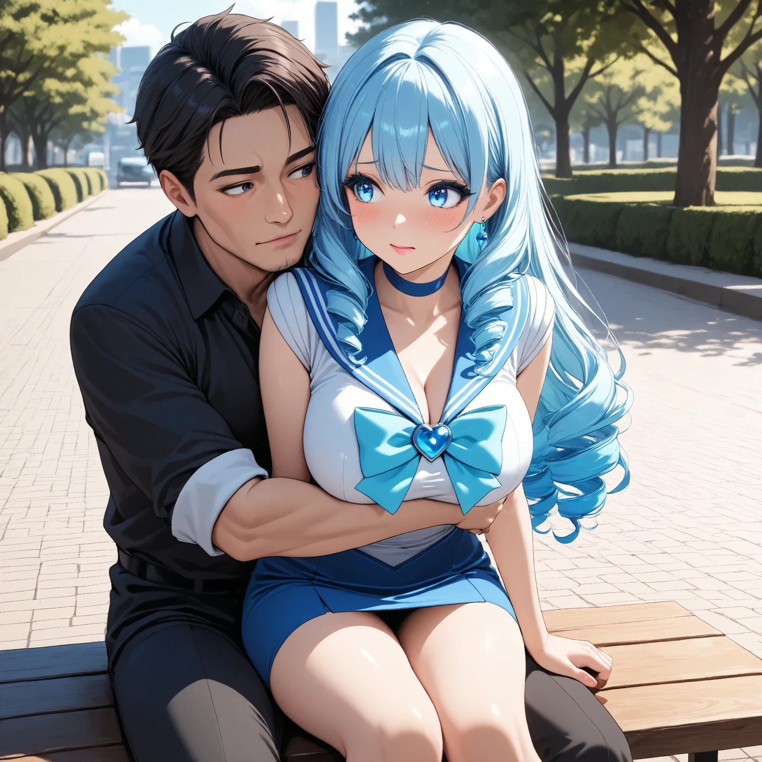 Anime boy, black messy hair, golden headphones, bunny ears, sunglasses, school uniform, making out with a girl with Long hair, light blue hair, light blue cat ears, anime, light blue eyes, tanktop, blushes, looking at viewer, short skirt, particularly