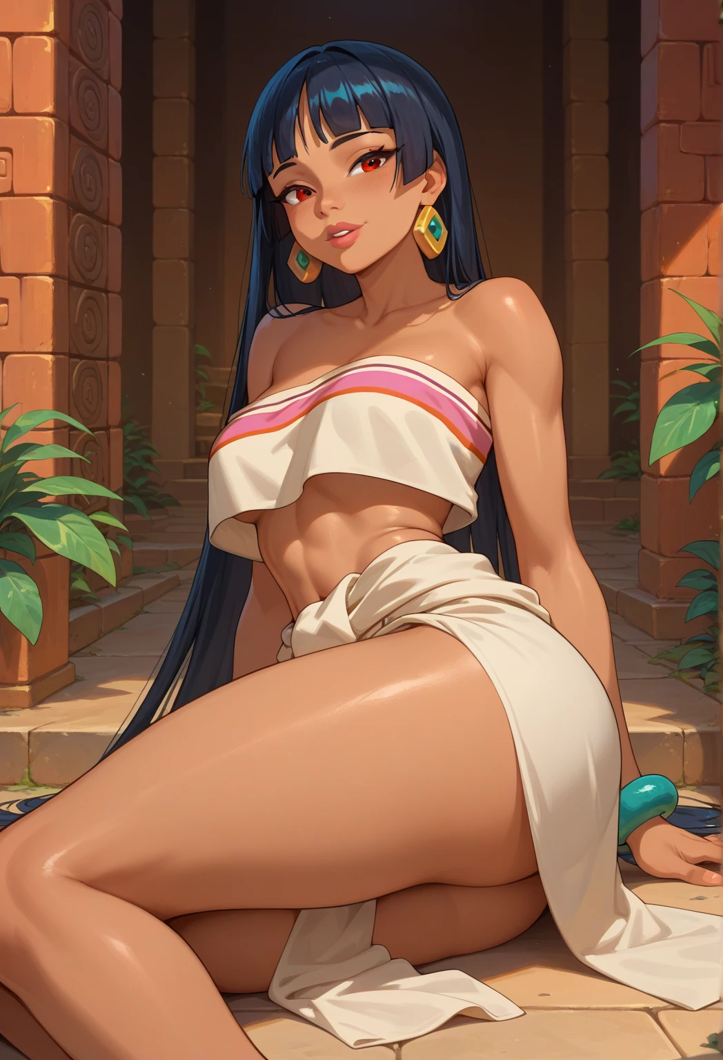 Anime character Brazilian indigenous adult woman, beige dress, brown skin, long hair with bangs, sitting on the riverside, masterpiece, best quality, detailed skin, detailed eyes, orange eyes,8k, good shading, beautiful strokes, detailed background, good anatomy