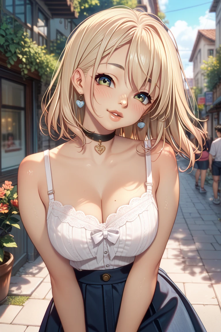 a girl in valentine's day waiting for her boyfriend showing her tits, sexy clothes, ((detailed nipples)), festival scenery, medium breasts, flirtatious, short hair, ((very detailed)), perfectly detailed face, detailed hand, photorealistic image.