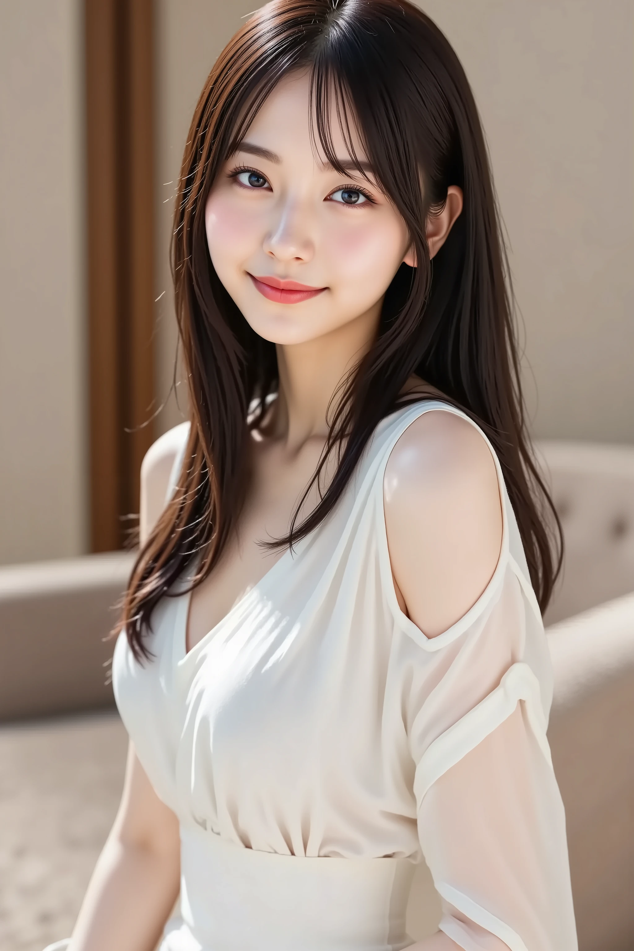masterpiece, A state where the face is placed in the center,  fine, clean skin、Chori blouse, sofa background、long black hair, Bangs, smile, 8k