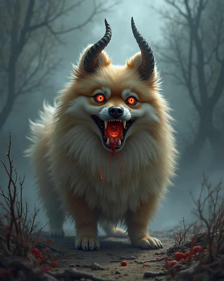 Solo, feral demon, white body, elf ears, grey horns, red eyes, smooth body, spade-tipped tail, thin tail, full body view, smooth body, canine facial features