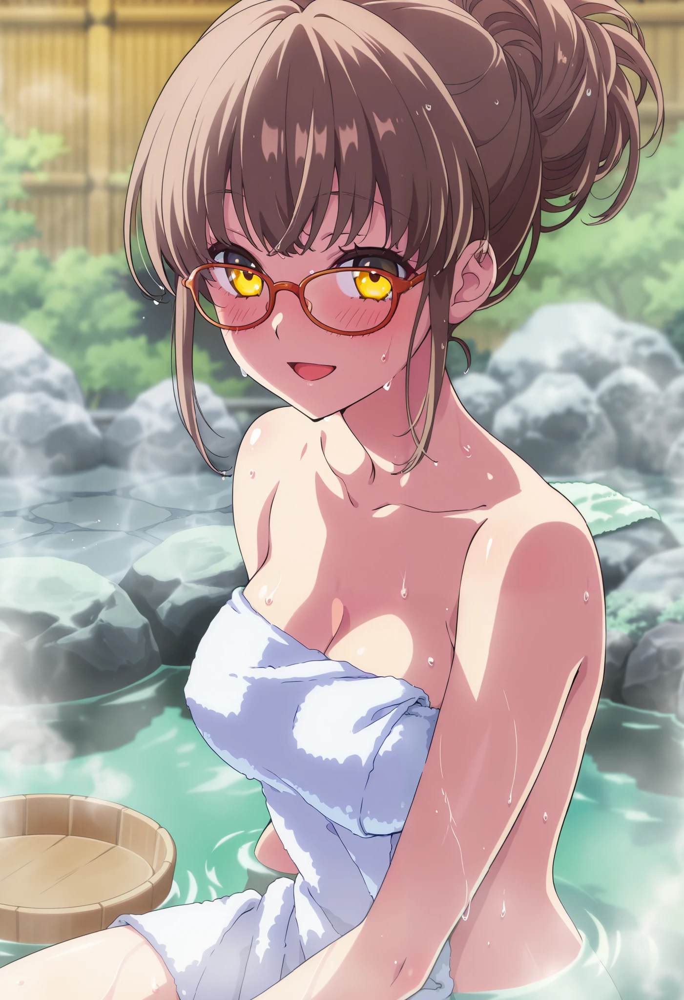 ((masutepiece)), ((Best Quality)), (Ultra-detailed), ((kawaii)), Cute, (lovely), ((Sexy)), (Ero), ((Extremely detailed)), 4K, (8K), Best Quality, (Beautiful), Anime style, from below looking up, full body focus, ((outdoor bath)),  (((standing in onsen))), Night, (((Take off your bath towel))), Cute  s, 1girl in, Solo, ((())), ((Beautiful dark brown hair)), Beautiful purple eyes, (((highlight in eyes))), ((Beautiful eyes)), White-skinned, Ponytail, Transparent hair, translucent hair, large full breasts, (((Female public hair))), Glasses, Ashamed, blush, Neon light, shiny-glistening, gleaming, wetted by water, reflection effect,