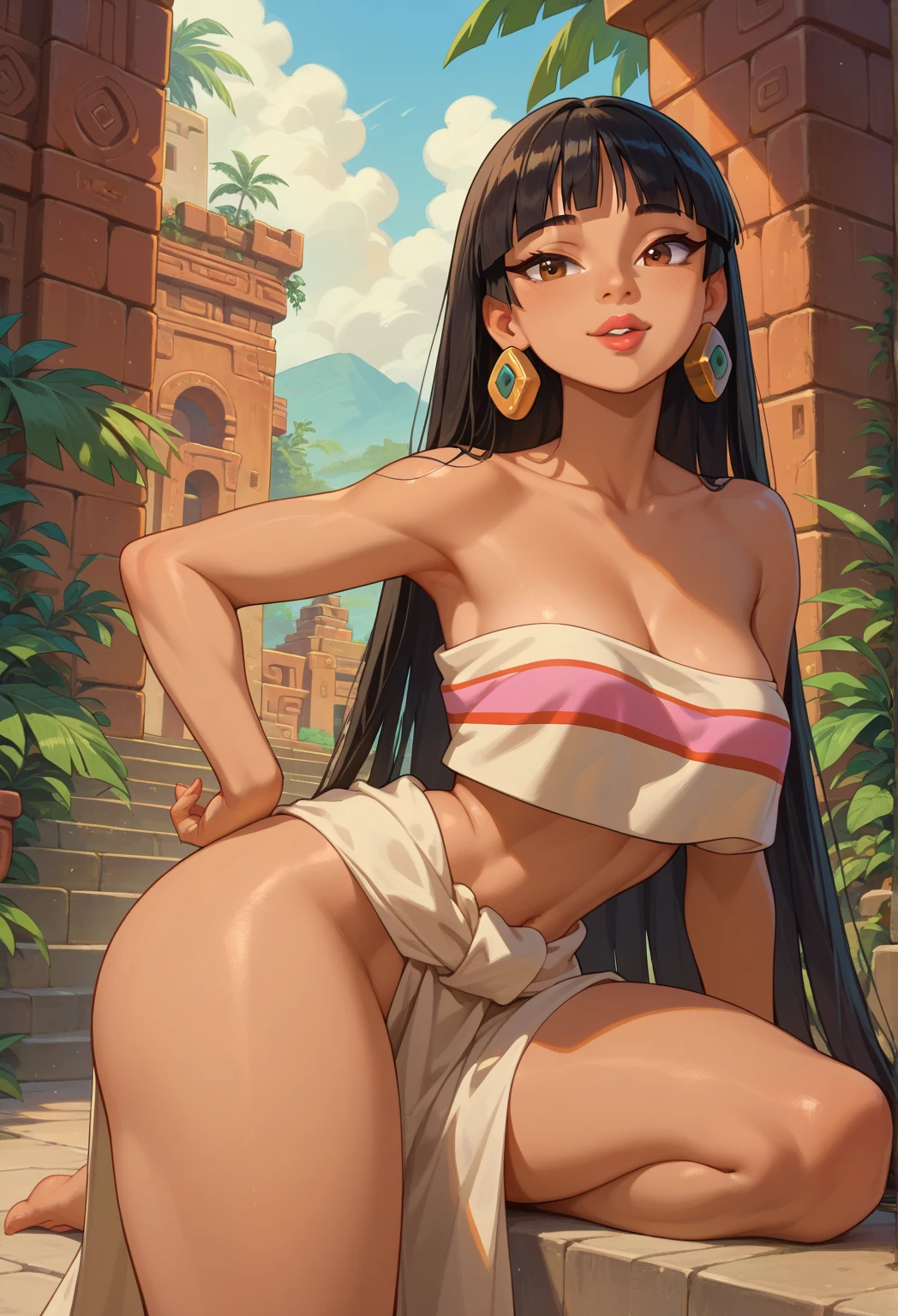 masterpiece, best quality,1girl,young girl,brown eyes, drill hair, evil smile, shiny skin, thin waist, mall, (((long hair))), (curvy), ((wide hips)), ((hoop earrings)), small breads, sexy summer dress