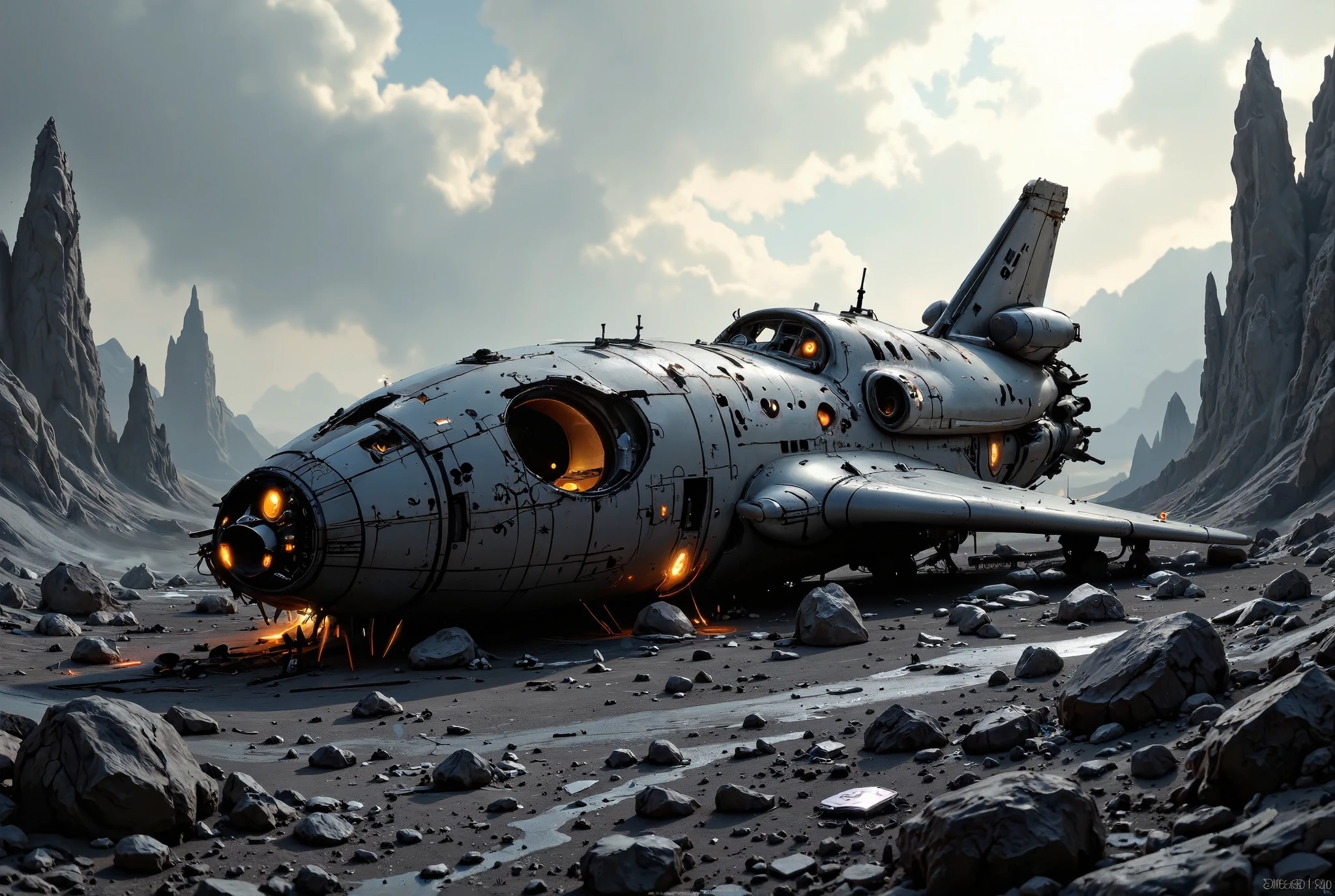 The crashed spaceship, The crashed spaceship and exploded、on fire、 Detailed Crashed Spaceship , detailed spaceship, film「there」spaceship, Abandoned ship , Valkyrie fighter, flying science-fiction vehicle , Retro spaceship SF, very well detailed, Crashed Old Spaceship , spaceship SF, Fallout Plane Concept Art, spaceship antiga、Immerse yourself in a world of dark colors, film artistic style,luz de film, lomografia 、 lakeside、neve