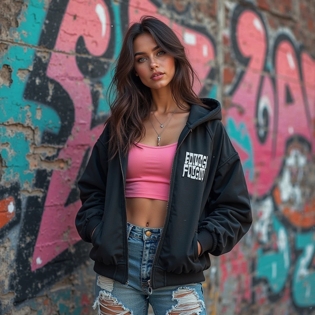 1girll, big breasts beautiful, pervert smirk, Wear a red hat, 耳Nipple Ring, Red camouflage, Red sweatshirt, red-skinny pants, long whitr hair, brown hair, mascara, nose lips, standing on your feet, midriff, navy, 耳Nipple Ring, (Realistis:1.5), cyber punk perssonage, neon city, neonlight, 3D, CGI, White sclera, with brown eye,((A shallow smile:1,2)),Real lighting,中景 the scene is,Don't be exposed