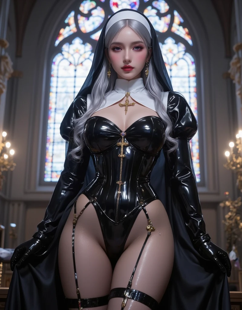 Dynamic shot, dynamic angle, ultra wide shot, fantasy art, ((3 females)), (picture of 2 beautiful succubus dominating sexy nun on a leash, in a crowd of beautiful females), ((2 demon females and a nun)), (nun in a middle, squatting, legs spread, chained , exposed, scared, obedient, insecure), ((beautiful female demons around, dominating, standing above , powerful poses)), demons, beautiful succubuses, horror, dark, sexy, rough domination, domination, bdsm, golden chains,(golden leash), collar, beautiful bodies, slim, horror style, highly detailed faces, horns, horny, scared, stockings, (silk lingerie, stockings), leather tight boots, camera angle from below, looking up, closeup, blue light, blue tones, highres, sharp focus,(ultra detailed,extremely detailed),(photorealistic artwork:1.37),(extremely detailed CG unity 8k wallpaper),(intricate),(masterpiece),(best quality),(intricate background),photo realistic,analog style,((intricate detail)),(((realism))),