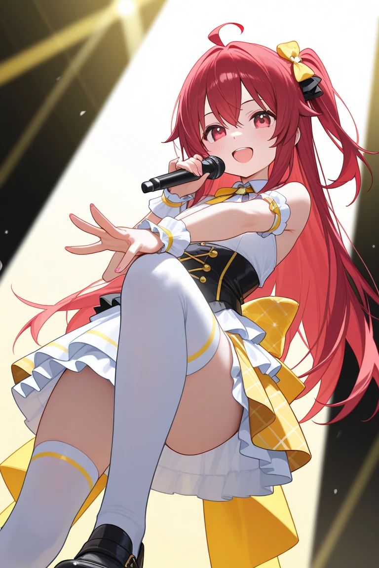 Ruby Hoshino, Hoshino Ruby, (Yellow hair:1.5), Long hair, One side up, (Pink eyes:1.5), side locks, (star-shaped pupils:1.5), (symbol-shaped pupils:1.5), (Mismatched pupils:1.5),Copy prompt prompt(Anime style:1.3), (Realistic, Photorealistic: 1.37), (masutepiece, Best Quality: 1.37), (よるのかい超hight resolution: 1.2), (Raw photo: 1.2), (Sharp Focus: 1.3), (Face Focus: 1.2), (Ultra Detailed CG Unified 8K Wallpaper: 1.2), (Beautiful skin: 1.2), (pale skin: 1.3), (Hyper Sharp Focus: 1.5), (Ultra Sharp Focus: 1.5), ( Beautiful pretty face: 1.3), (The face of the Japan actress:1.3), (ultra-detailliertな背景, Detail Background: 1.3), masutepiece, Best Quality, hight resolution, ultra-detailliert, Hyper Sharp, absurderes, Detailed face, White skin, Real Human Skin, (Detailed face), oval-face, pores, From below, low angles, looking down to viewer, ultra hight resolution, (8K, Raw photo, Photorealistic:1.4), BREAK, 1girl in, slim, (largebreasts:1.37, cleavage), Illustration of a scene of an idol singer singing enthusiastically on a live stage. Idol singer standing in the center of stage. Idol singer wears miniskirts and boots. Idol singer wears headset with hair up. An idol singer is holding a microphone and singing. The expression of the idol singer is serious and powerful. The singer's voice is strong and beautiful. Fans gather around the stage. Fans are singing and dancing with idol singers,Red idol style Japanese clothes,Furisode,White mini skirt,ショートブーツ
BREAK (masutepiece:1.2), Best Quality, hight resolutionであり, Unity 8k壁纸, (Illustration:0.8), (Beautiful detailed eyes:1.6), extra detailed face, Perfect Lighting, extremely details CG, (Perfect hands, Perfect Anatomy),