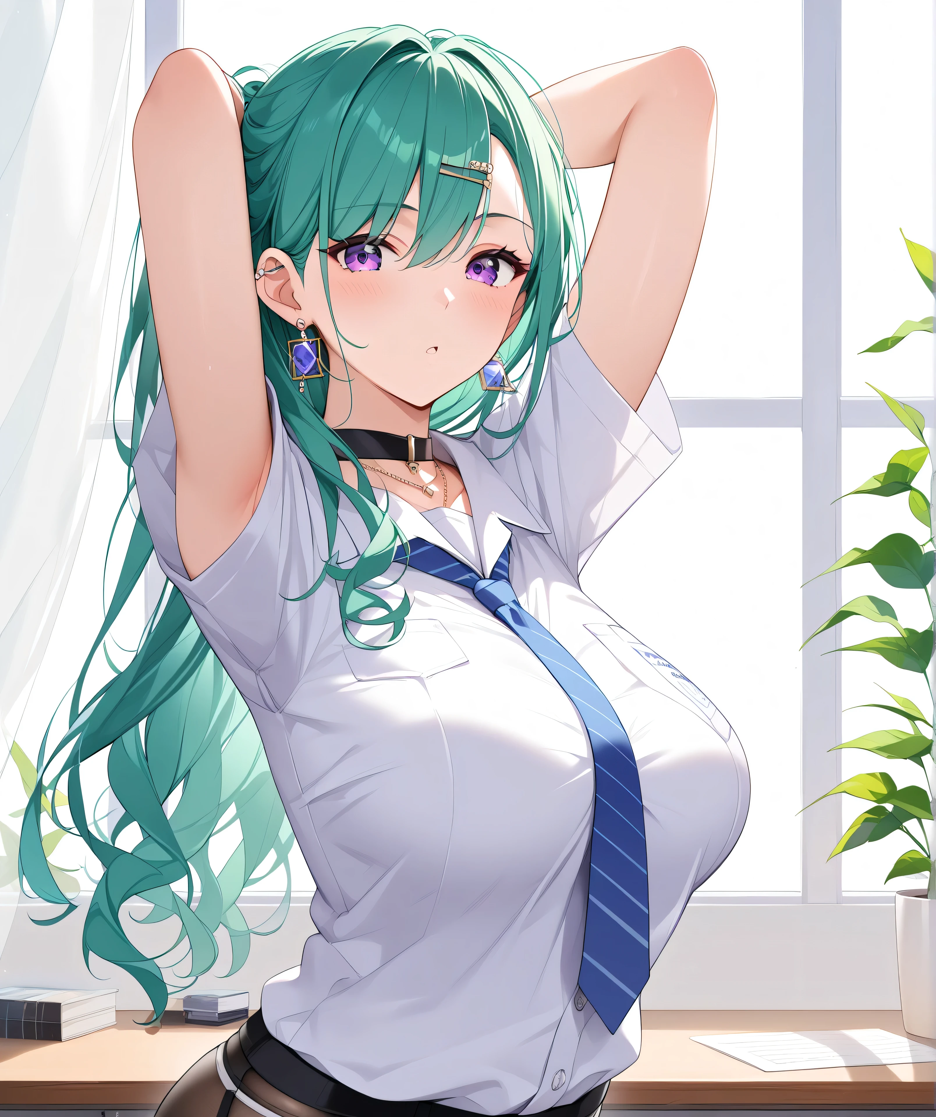 master piece、Best Quality,Super detailed,High resolution,Extremely detailed CG,Unity 8K Wallpaper,weat,score_9, score_8_up, score_7_up, score_6_up, score_5_up, score_4_up, source_anime,mature female,professional quality,Yakumo_Beni,YakumoBase, long hair, breasts,bangs, large breasts , shirt, long sleeves, bare shoulders, purple eyes, pantyhose, earrings, detached sleeves, green hair, shorts, choker, .,nsfw、thick thighs,big butt、Official Art,hip focus,big butt,bubble butt,,mature female,bedroom、breasts apart、school uniform、nsfw, ,big butt,arms behind back,arm support、arms behind head、armpit focus、Blue Neckties