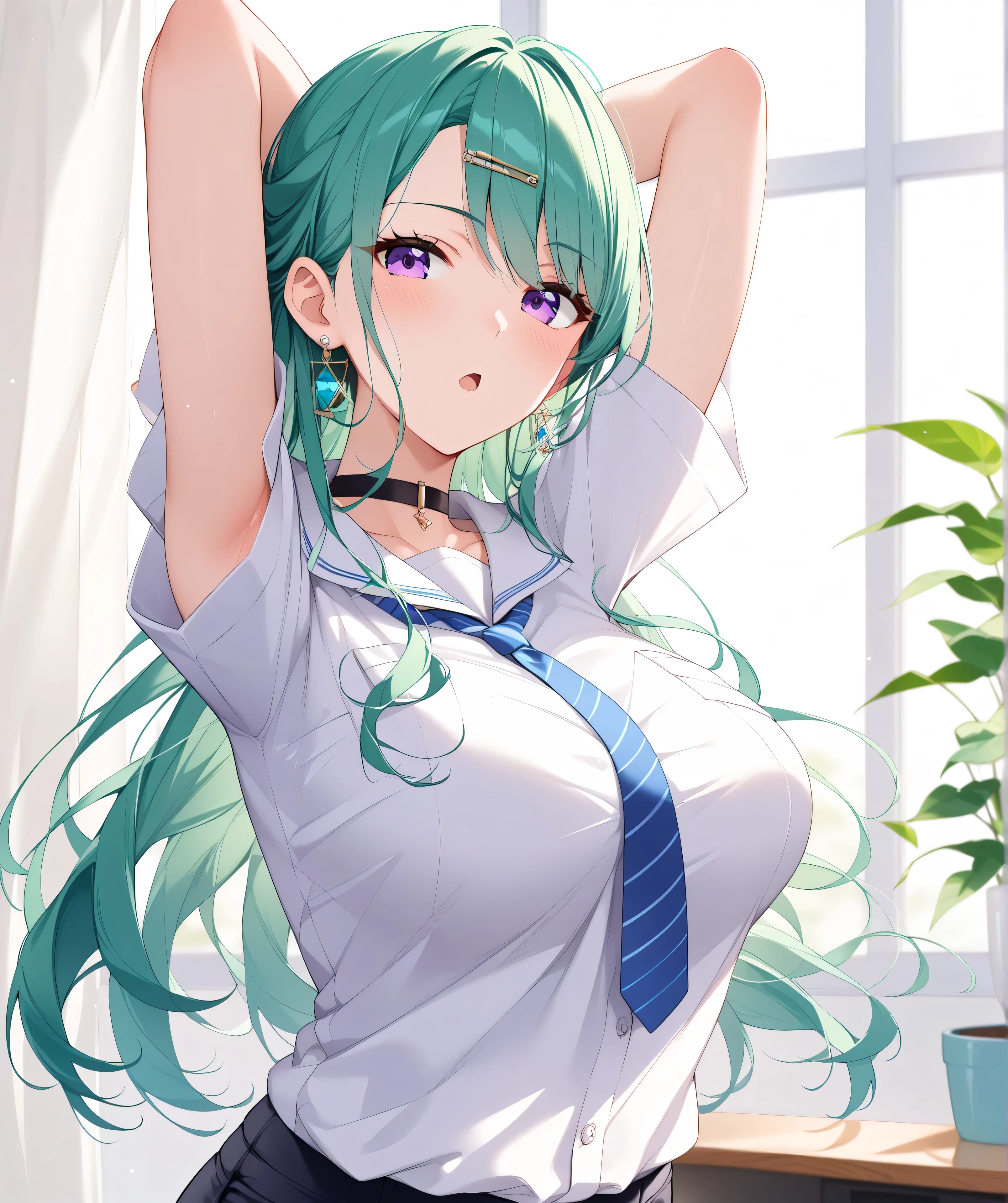 master piece、Best Quality,Super detailed,High resolution,Extremely detailed CG,Unity 8K Wallpaper,weat,score_9, score_8_up, score_7_up, score_6_up, score_5_up, score_4_up, source_anime,mature female,professional quality,Yakumo_Beni,YakumoBase, long hair, breasts,bangs, large breasts , shirt, long sleeves, bare shoulders, purple eyes, pantyhose, earrings, detached sleeves, green hair, shorts, choker, .,nsfw、thick thighs,big butt、Official Art,hip focus,big butt,bubble butt,,mature female,bedroom、breasts apart、school uniform、nsfw, ,big butt,arms behind back,arm support、arms behind head、armpit focus、Blue Neckties