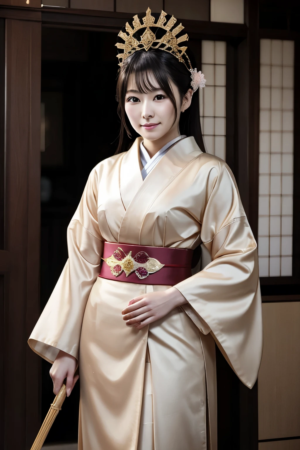 unparalleled masterpiece ever, Ultra realistic 8K CG, Perfect Artwork, 1girl in, Beautiful bewitching woman、Music is playing、Dance poses to the rhythm、Happiness、Blissful、kindly smile、rikka、Fulfillment、Realistic texture、Slim body, Narrow waist, chinese deity, Looking at Viewer, ((Perfect female figure)), Black hair, Black eyes, enchanting posture, y Pose, enticing, clean, Beautiful face, Pure face, pale skin, length hair, Shiny skin, Skindentation,(Rich:1.5), (Highly detailed 8K Japan kimono and silk long garments and dresses:1.5), Delicate pattern, intricate detailes, The background is a samurai residence in the Edo period、blur backgroun、