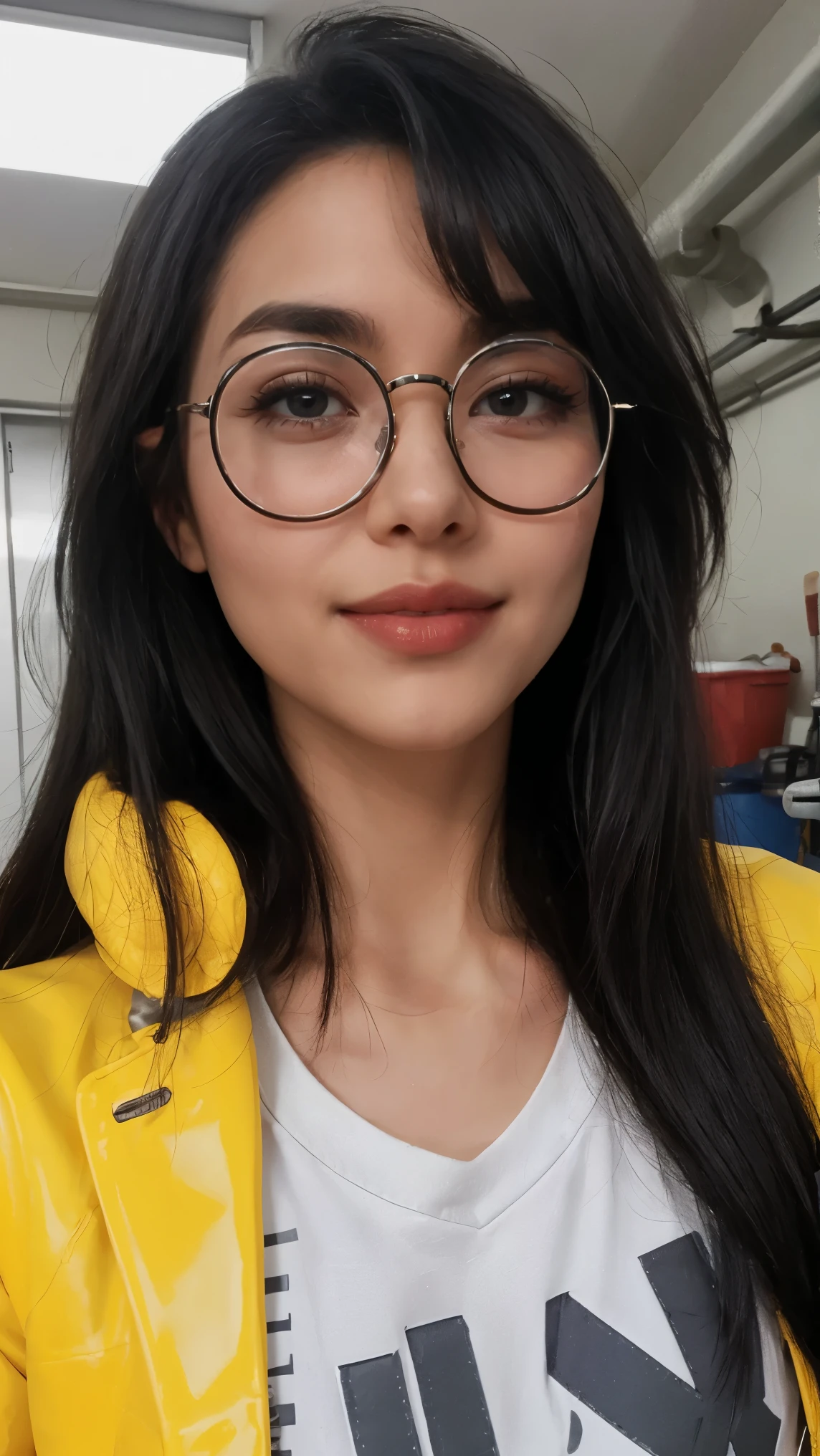 (masterpiece), best quality, expressive eyes, 8K, HD, perfect face, Turkish germanic girl, smoked eyes, black hair, brown eyes,(high quality eyes), streak hair, indoors, yellow latex jacket, looking at viewer, wc, collarbone, cold temperatures, valorant, toilet clothing, family, manger, killjoy shirt, smiling, ((((close-up))), garage, slim body, pov, circle glasses, short sleeves shirt, 1girl, ((kissing lips pose))