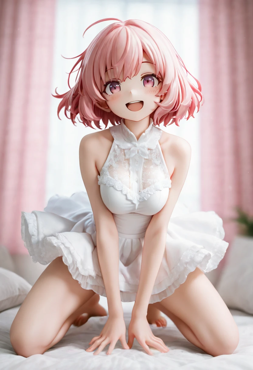 nsfw,1 girl,,petite,(big breasts:1.7),(pointy breasts:1.8),(cleavage:1.6),short hair,shining eyes,(blush:1.6),(embarrassed:1.7),(smile:1.5),(tears:1.3),looking at viewer,open mouth,(legs up;1.7),(spread legs:1.7),(outstretched arms:1.5),(sit with legs stretched out:1.8),(topless:1.8),(clothes lift:1.7),(see through:1.6),(wedding dress:1.5),kyriedef, hair over one eye,pink eye,