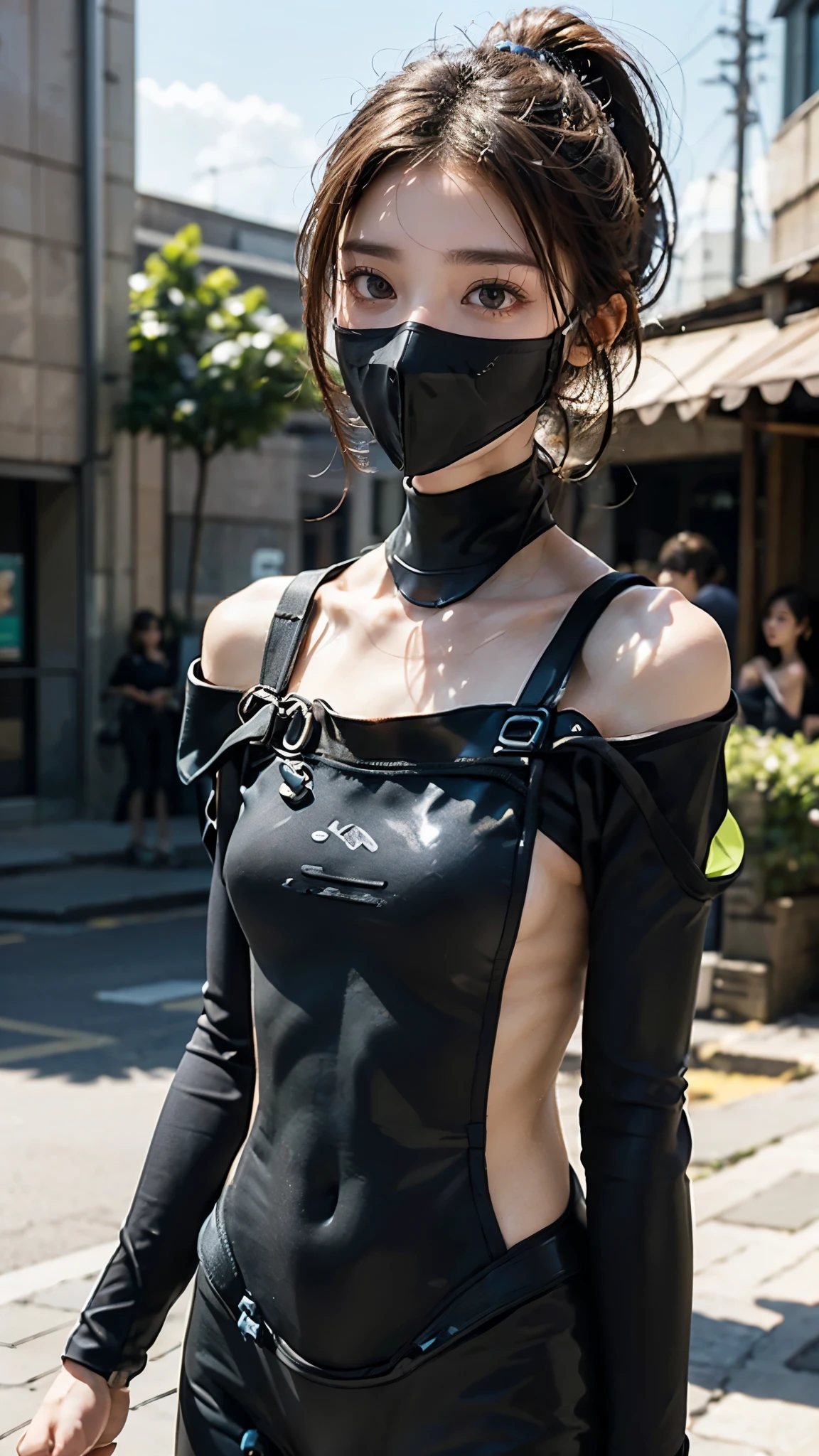 parasol, gas mask, protest, 30 years old, peace march, short hair, loudspeaker, placard, march, turtleneck, sleeveless,