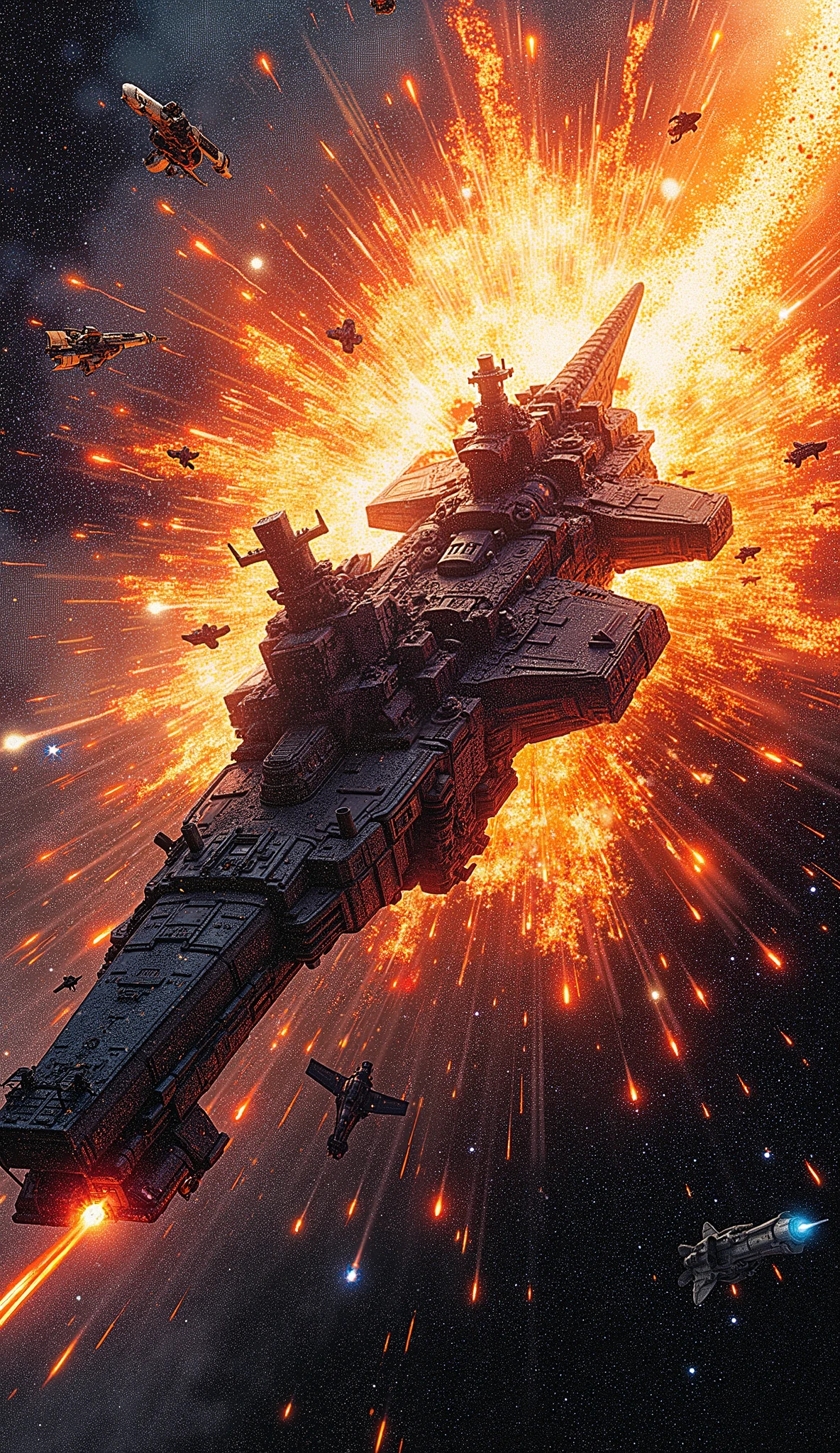 top quality, Super quality, 16k, unbelievably absurd, very detailed, Yoshiki Tanaka's masterpiece, outer space, Legend of the Galactic Heroes, Yoshiki Tanaka's masterpiece, outer space, Legend of the Galactic Heroes, Space Battleship, Space Battleship destroyed by enemy fighter heavy attackk