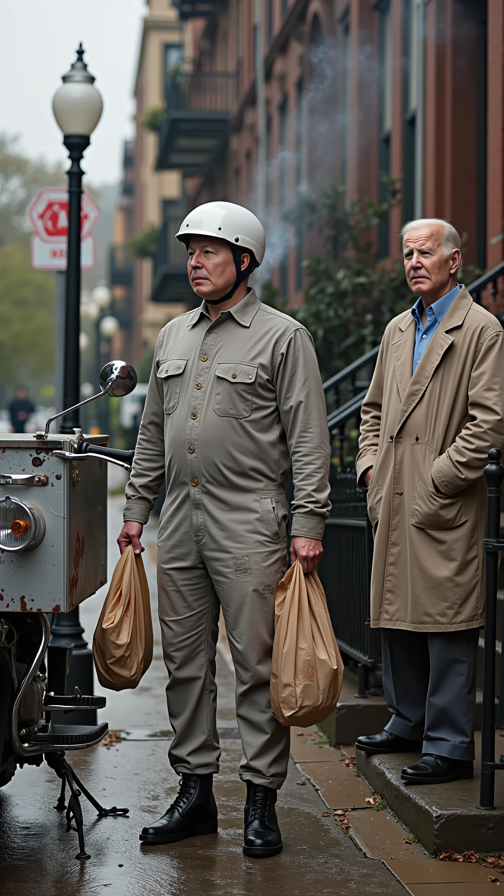 Elon Musk as a food delivery worker wearing [single-layer mottled ash gray cotton jumpsuit with frayed cuffs, torn knee patches, mud-stained hem, five large brass buttons with top two undone], [matching light gray canvas pants rolled at ankles revealing worn black leather boots], [cracked unmarked white plastic helmet with deep scratches], holding [steam-stained paper takeout bag with grease spots] toward [Joe Biden wearing rumpled khaki trench coat over light blue dress shirt, standing on porch of graffiti-covered brownstone with raised eyebrows], [1985 Honda CBX550F motorcycle idling nearby with smoking exhaust], [aluminum delivery box welded to motorcycle showing rust perforations], [rain-slicked street with puddle reflections], [broken "NO PARKING" sign tilted 45 degrees], [diffused natural lighting through overcast sky], [85mm lens capturing facial details: Musk's grease-smudged jawline, Biden's squinting eyes and half-extended hand], [hyper-detailed photorealism], [perspective: low-angle three-quarter view emphasizing porch steps], [distant mist-obscured Capitol dome], --ar 9:16 --v 5 --style expressive