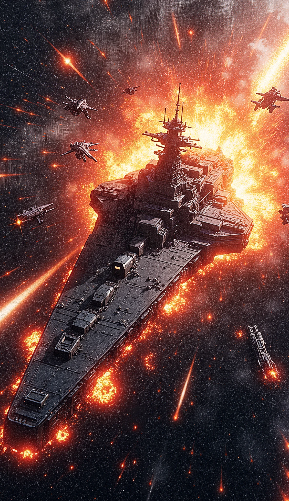 top quality, Super quality, 16k, unbelievably absurd, very detailed, Yoshiki Tanaka's masterpiece, outer space, Legend of the Galactic Heroes, Yoshiki Tanaka's masterpiece, outer space, Legend of the Galactic Heroes, Space Battleship, Space Battleship destroyed by enemy fighter heavy attackk