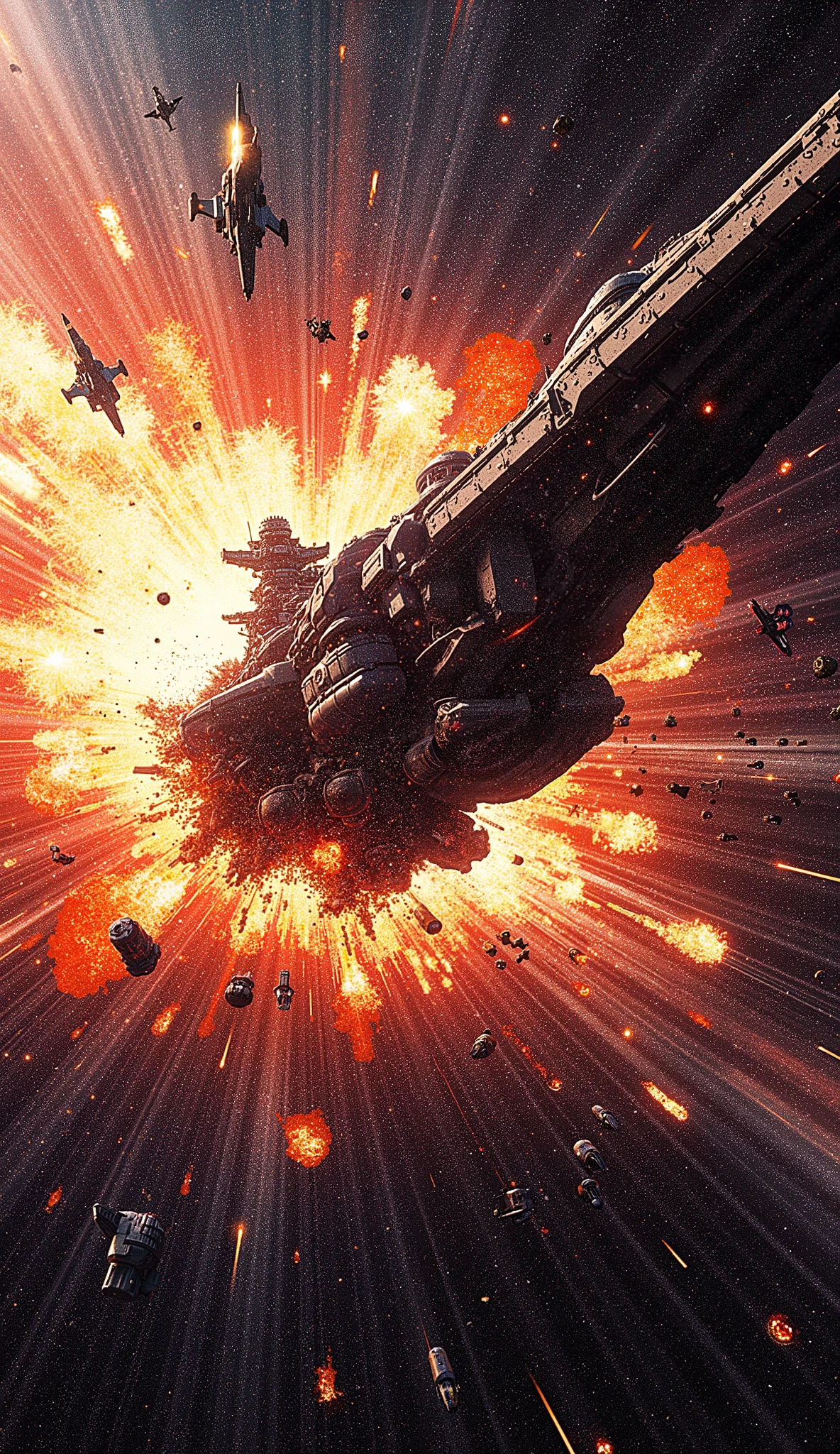 top quality, Super quality, 16k, unbelievably absurd, very detailed, Yoshiki Tanaka's masterpiece, outer space, Legend of the Galactic Heroes, Yoshiki Tanaka's masterpiece, outer space, Legend of the Galactic Heroes, Space Battleship, Space Battleship destroyed by enemy fighter heavy attackk