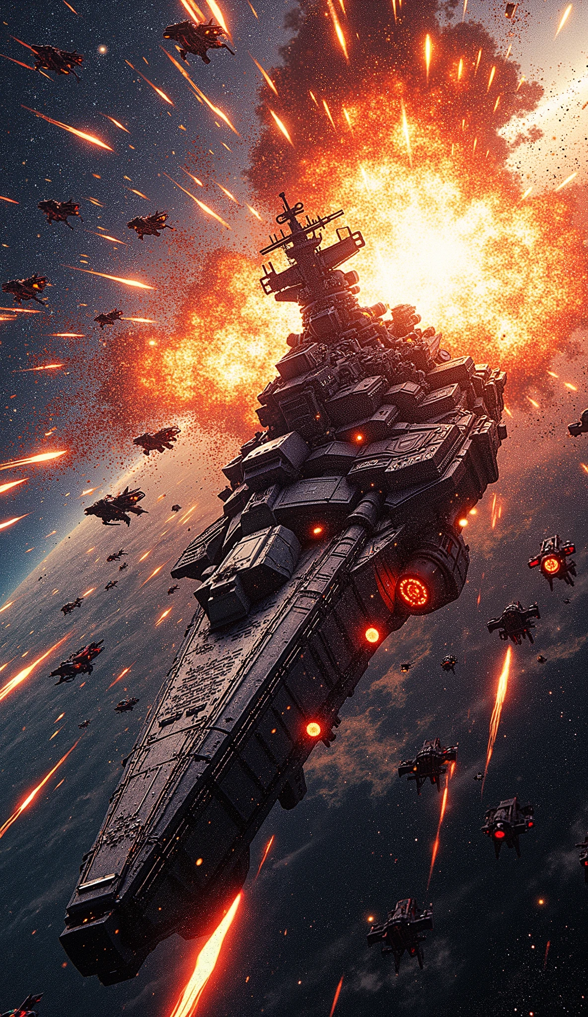 top quality, Super quality, 16k, unbelievably absurd, very detailed, Yoshiki Tanaka's masterpiece, outer space, Legend of the Galactic Heroes, Yoshiki Tanaka's masterpiece, outer space, Legend of the Galactic Heroes, Space Battleship, Space Battleship destroyed by enemy fighter heavy attackk