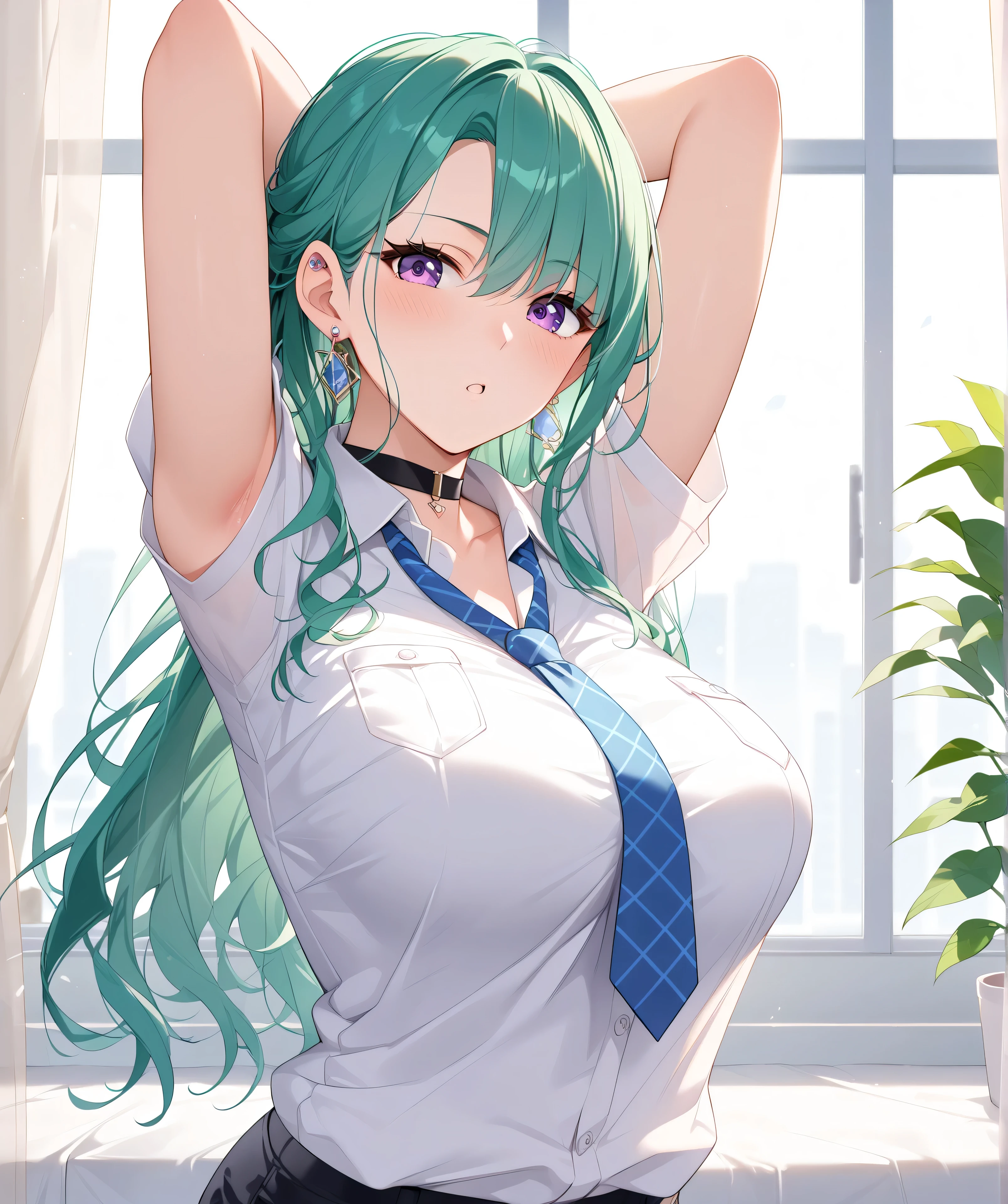 master piece、Best Quality,Super detailed,High resolution,Extremely detailed CG,Unity 8K Wallpaper,weat,score_9, score_8_up, score_7_up, score_6_up, score_5_up, score_4_up, source_anime,mature female,professional quality,Yakumo_Beni,YakumoBase, long hair, breasts,bangs, large breasts , shirt, long sleeves, bare shoulders, purple eyes, pantyhose, earrings, detached sleeves, green hair, shorts, choker, .,nsfw、Official Art,hip focus,mature female,bedroom、breasts apart、school uniform、nsfw, ,big butt,arms behind back,arm support、arms behind head、armpit focus、Blue Neckties