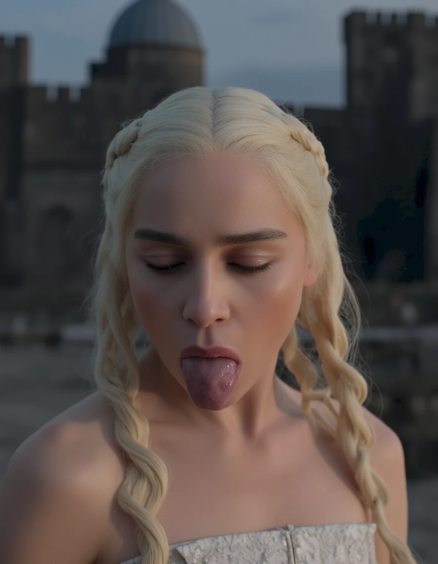 (entire body) (first frame)(8k, RAW photo, maximum quality), (A blonde woman) (35 years old), (queen's crown on head), ((blonde)) close-up, (detailed eyes: 0.8), (looking at the camera: 1.4), (maximum quality), (best shadow), intricate details, dark-blue background, (NAKED),(BIG BOOBS) (bending over) (licking tip of dick)