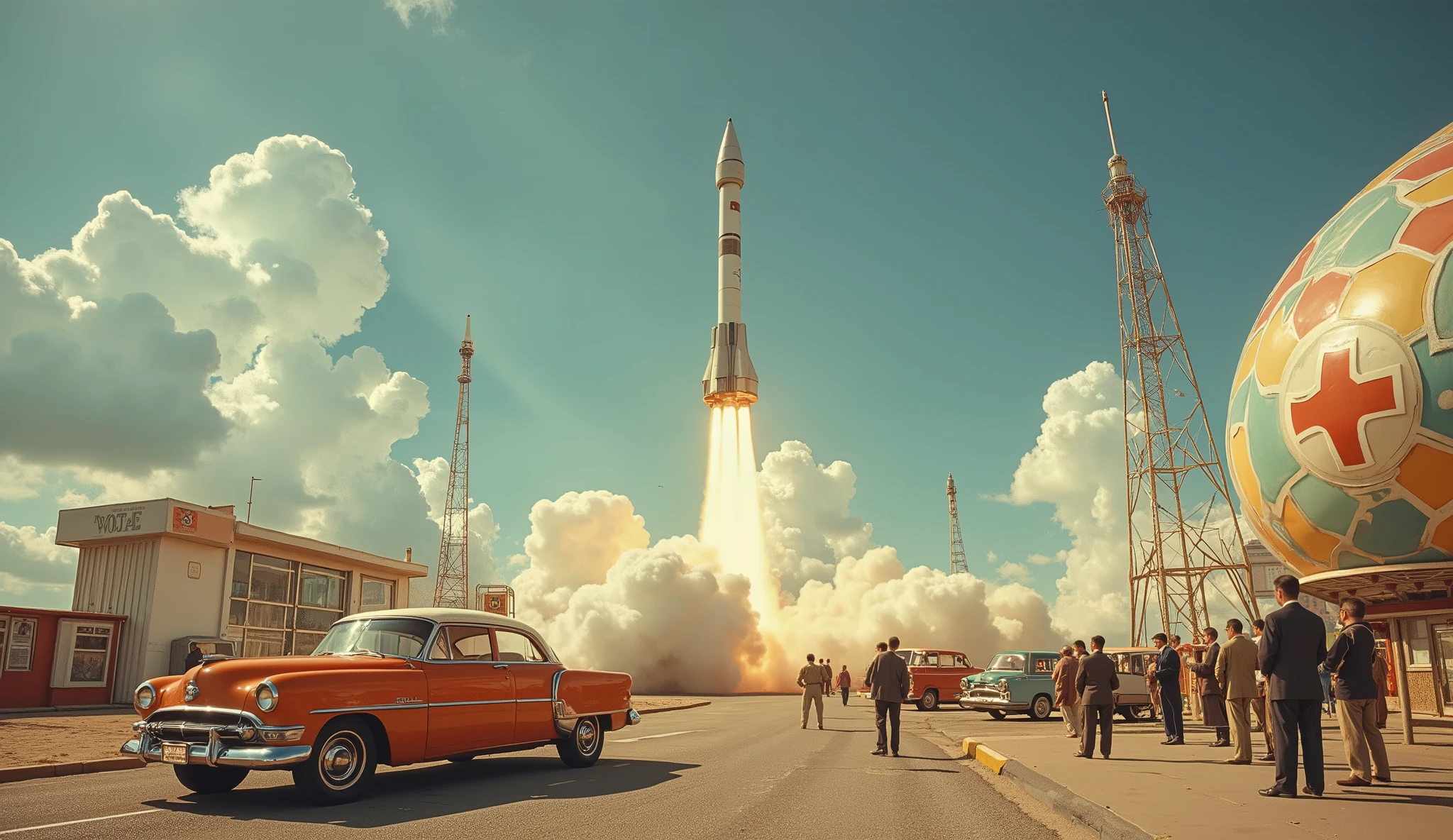 Rocket launch in 1960s, vintage, retro. Large rocket launching with powerful flames and smoke, against a vibrant, partly cloudy, bright blue sky. Several bystanders, middle-aged men in dark suits, observing the launch. Cars of the era, predominantly an orange sedan, parked at the launch site. Vintage control panel/display booths in muted reddish-brown and light gray tones. A large, colorful, hemispherical structure, painted with various shapes and colors, serves as a backdrop. Perspective is a low-level, slightly angled shot that captures the moment of launch and observers’ reactions. Strong vibrant colors, muted tones, nostalgic atmosphere. Slight golden/peachy tones over the overall image giving a warm feeling. Detailed depiction of rocket design and propulsion systems. Classic 1960s rocket launch scene. Focus on the launch and bystanders. Warm lighting. Smooth, muted tones with a touch of vintage saturation. Atmospheric perspective. Classic design aesthetic. Retro space age. Medium-wide angle lens.