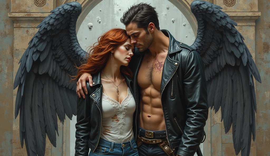 there are two men that are kissing in front of a moon, cinematic film still, shutterstock, film grain, ultra-photorealistic, eros and thanatos, muscular men romantically together, two muscular men embracing in each other arms, muscular male incubus with dark red horns, celestial god-like male angel with breathtaking angel wings, beautiful contrasting, intricate details, good and evil, demon versus angel, good and evil, romance novel cover, homoerotic, gay love, dark romantic fantasy, twilight atmospheric glow