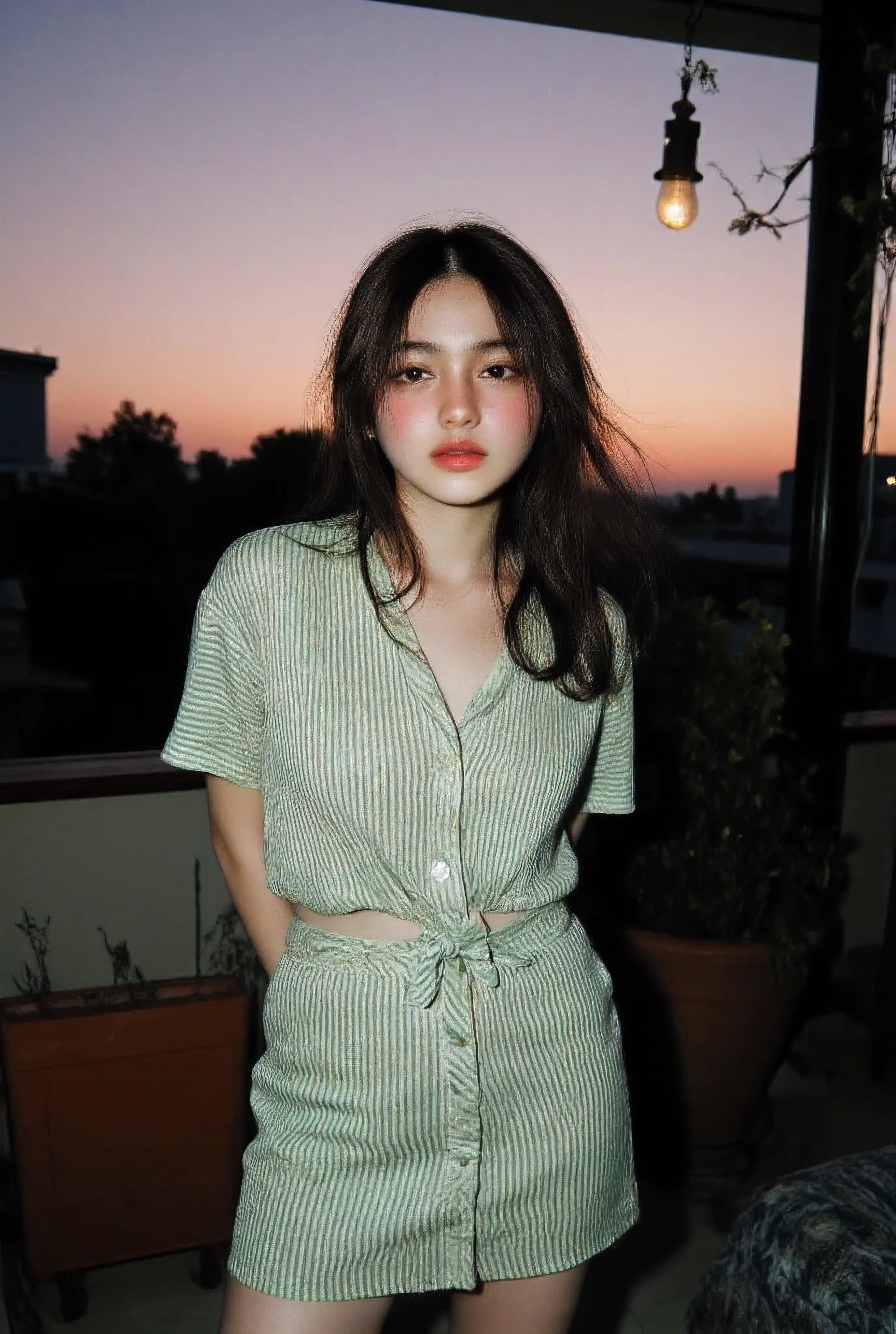 araffe dressed in a green and white striped shirt and skirt, sea - green and white clothes, ( ( dark green, loose coat collar sailor uniform, casual green clothing, she is wearing streetwear, collared shirt, white shirt, Silhouette against the sunset looking out towards the sunset, see through dress due to the sunlight (Large and prominent perky breasts) Flash photography, gyaru, Aesthetically pleasing cinematic composition, epic perspective, dramatic lighting and shadows, symmetrical and detailed, Cute girl with small perky breasts in a black and white geometric print summer dress at the veranda at her home during evening relaxing in the outdoor couch, Metro Manila, philippines, Evening, nighttime, Cute tan brown-skinned Filipina-korean goth girl, Cute and adorable milf mommy wearing her sexy and alluring Cute girl in a black and white anime summer dress at the veranda at home during sunset relaxing in the outdoor couch fit athletic toned sexy fit and athletic Filipina-korean woman, tan skin photorealistic and life-like taken from a Leica m9 50mm 1.2, lowlight photography, 4kPhoto_PDXL Photorealistic, 30 years old , Filipina brown skinned pacific islander Spanish mix girl, high resolution, life-like details, Freckles, moles, simple and elegant demeanor, lovely and ethereal face, Photorealistic and life-like skin texture, lovely kissable pouting lips, sexy sensual and alluring seductive pose , surprised face as she looks at me, Cute girl in a summer dress at the veranda at home during dusk relaxing in the outdoor couchTaken from a Leica m9 50mm 1.2, lowlight photography, At the house, My Sweet adorable innocent and sexy pre-adolescent girl is standing in the doorway looking at me in surprise as she comes in, 4kPhoto_PDXL Photorealistic, 12-years old , Filipina brown skinned pacific islander Spanish mix girl, high resolution, life-like details, Freckles, moles, simple and elegant demeanor, lovely and ethereal face, Photorealistic and life-like skin texture, ,