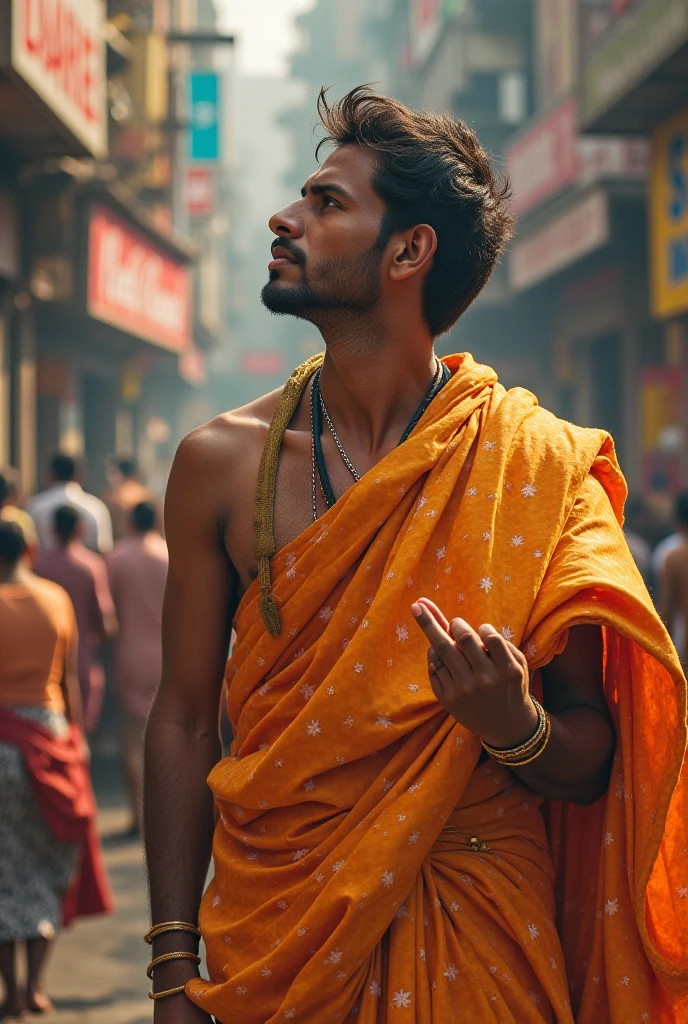 In modern world in Vrindavan city. A young India modern man wearing long kurta, having four hands instead of two hand, with tensed face.