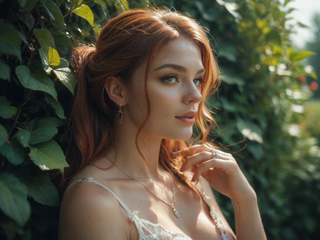 full shot photography of a pretty ginger irish girl, in the 18th century, blue eyes, messy victorian updo hairstyle, curly locks of hair pending over her shoulders, wearing a (dirty filthy ragged used pirate outfit:1.2), looking around her, detailed face, detailed hands, indecent dynamic pose, (angry rebelious smug expression:1.2), outside a tavern in an indonesian rustic fisher village, exquisite natural backlighting, dim light, rim light, low key, soft shadows, depth of field, photorealistic, analog film grain, rule of thirds, golden number, 8K, masterpiece