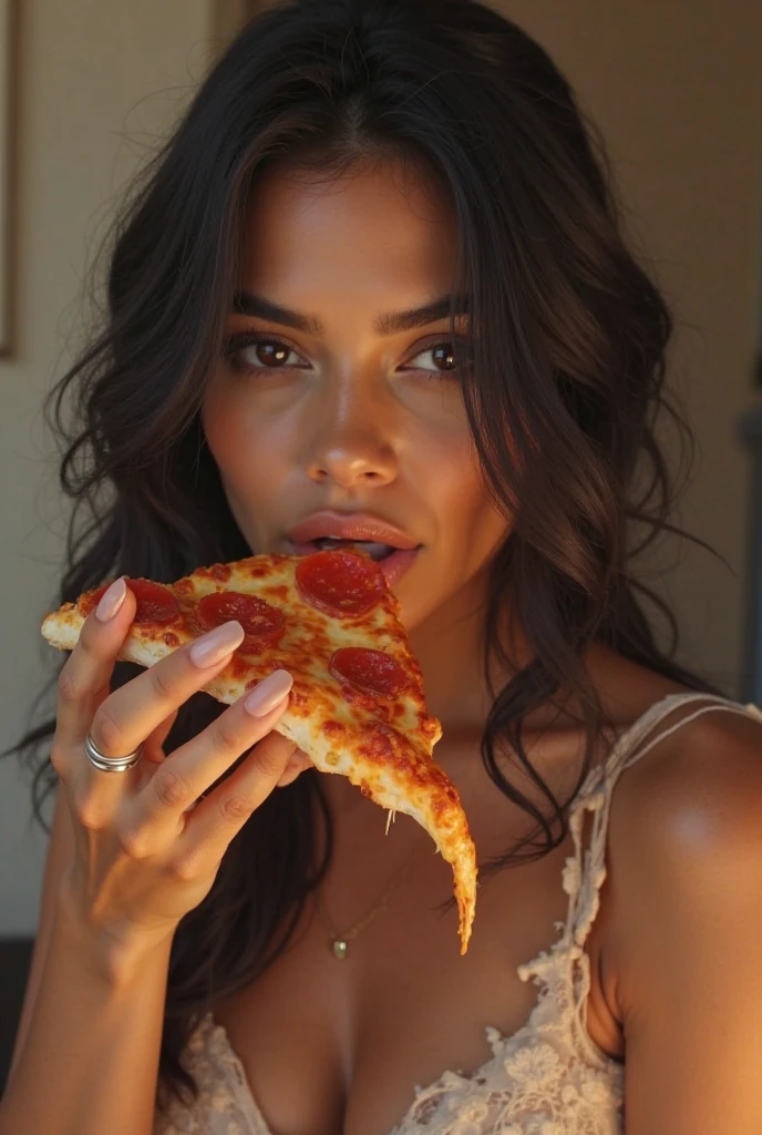 (photorealism:1.2), beautiful woman sitting on bed naked, long curly hair, with pizza