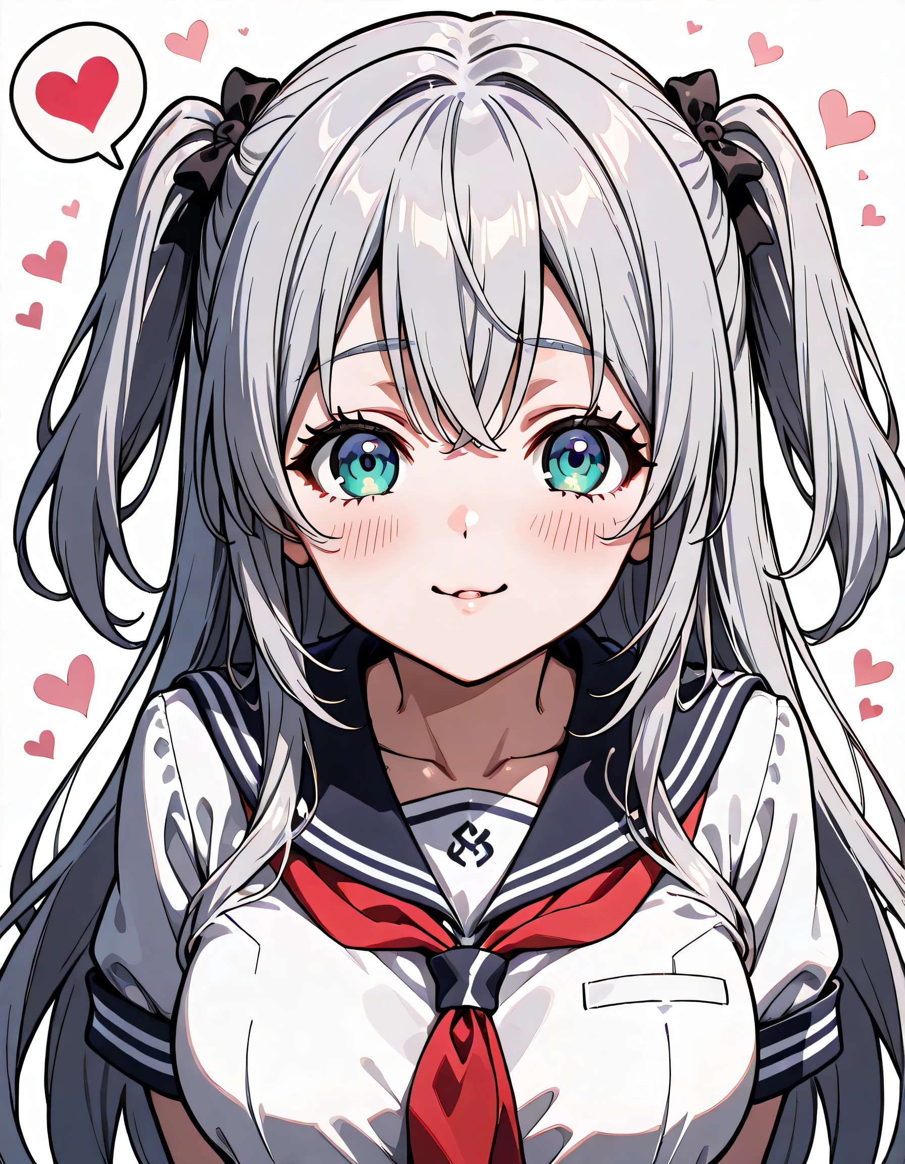 ((ultra-detailed)), (highly detailed CG illustration), (best quality:1.2), ultra-highly detailed, colorful composition, artistic photoshoot, 1girl, solo focus, ((upper body:1.4)), moe anime character, age girl, dainty facial structure, (baby face), (round face), ((rounded chin:1.2)), ((closed eyes:1.4)), ((silver hair color)), ((two side up hair)), ample breasts, school uniform, sailor suit, traditional Japanese style with navy blue and white colors, ((smile)), ((shy:1.4)), ((slaver:1.4)), ((incoming kiss:1.4)), ((full faceblush:1.4)), ((looking viewer)), ((Sweat:1.4)), ((spoken heart:1.4)), ((pink heart background)), from front, best quality, masterpiece, expecting, pink cheek, blush, light pink gloss slip, portrait, depth of field, soft lighting, sidelighting, (shine), lighting, caustics, ray tracing, perfect face, lustrous skin, highly detailed face, perfect face, perfect nose, perfect hair, perfect anatomy, beautiful hair, beautiful small face, extremely detailed face, beautiful clavicle, beautiful body, beautiful ample breasts, leavage, breasts squeezed together, equalize the size of the left and right breasts, beautiful fingers, 4 fingers, 1 thumb, lovely, (very detailed background:1.0), (highly detailed background:1.0), spring aesthetic, intricate details, joyful atmosphere, spring colors palette, chromatic aberration