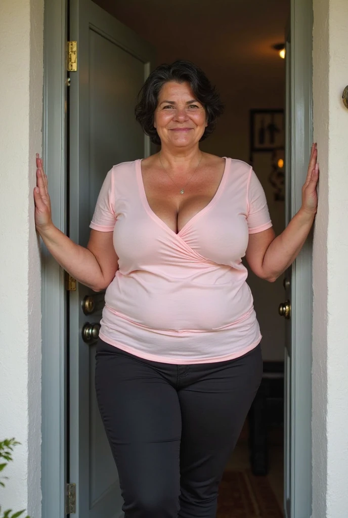 <lora:EBMilf_V5aa_LoCon-000008:0.85>, realistic photo of (EBMilf:1.1), a mature [asian:20] woman, 60 years old, hair up in a bun, straight bangs, (freckles:0.9), (fine lines and wrinkles:1.1), skinny body, petite, skinny legs, short, petite, (saggy breasts:1.0), (veins on breasts:1.0), large nipples, smiling, looking at the camera, standing, arms behind back, simple background, (masterpiece:1.0), (best quality:1.0), flash photography <lora:mystits:0.3>, <lora:btpabsho:0.7>, wearing btpabsho paperbag shorts