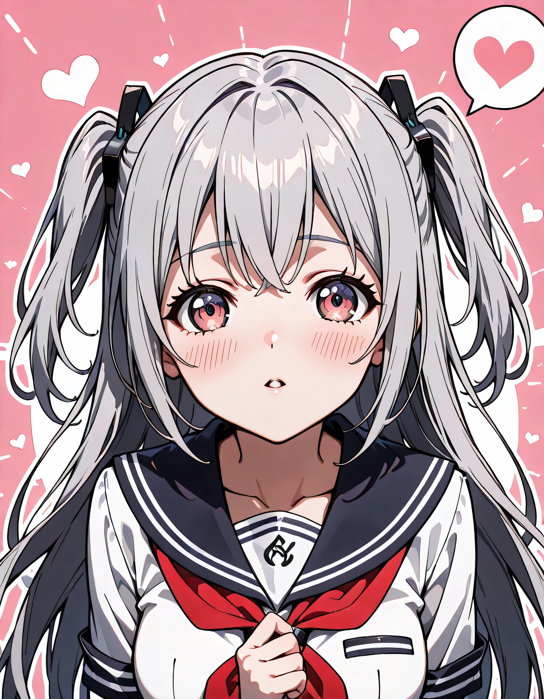 ((ultra-detailed)), (highly detailed CG illustration), (best quality:1.2), ultra-highly detailed, colorful composition, artistic photoshoot, 1girl, solo focus, ((upper body:1.4)), moe anime character, age girl, dainty facial structure, (baby face), (round face), ((rounded chin:1.2)), ((closed eyes:1.4)), ((silver hair color)), ((two side up hair)), ample breasts, school uniform, sailor suit, traditional Japanese style with navy blue and white colors, ((smile)), ((shy:1.4)), ((slaver:1.4)), ((incoming kiss:1.4)), ((full faceblush:1.4)), ((looking viewer)), ((Sweat:1.4)), ((spoken heart:1.4)), ((pink heart background)), from front, best quality, masterpiece, expecting, pink cheek, blush, light pink gloss slip, portrait, depth of field, soft lighting, sidelighting, (shine), lighting, caustics, ray tracing, perfect face, lustrous skin, highly detailed face, perfect face, perfect nose, perfect hair, perfect anatomy, beautiful hair, beautiful small face, extremely detailed face, beautiful clavicle, beautiful body, beautiful ample breasts, leavage, breasts squeezed together, equalize the size of the left and right breasts, beautiful fingers, 4 fingers, 1 thumb, lovely, (very detailed background:1.0), (highly detailed background:1.0), spring aesthetic, intricate details, joyful atmosphere, spring colors palette, chromatic aberration
