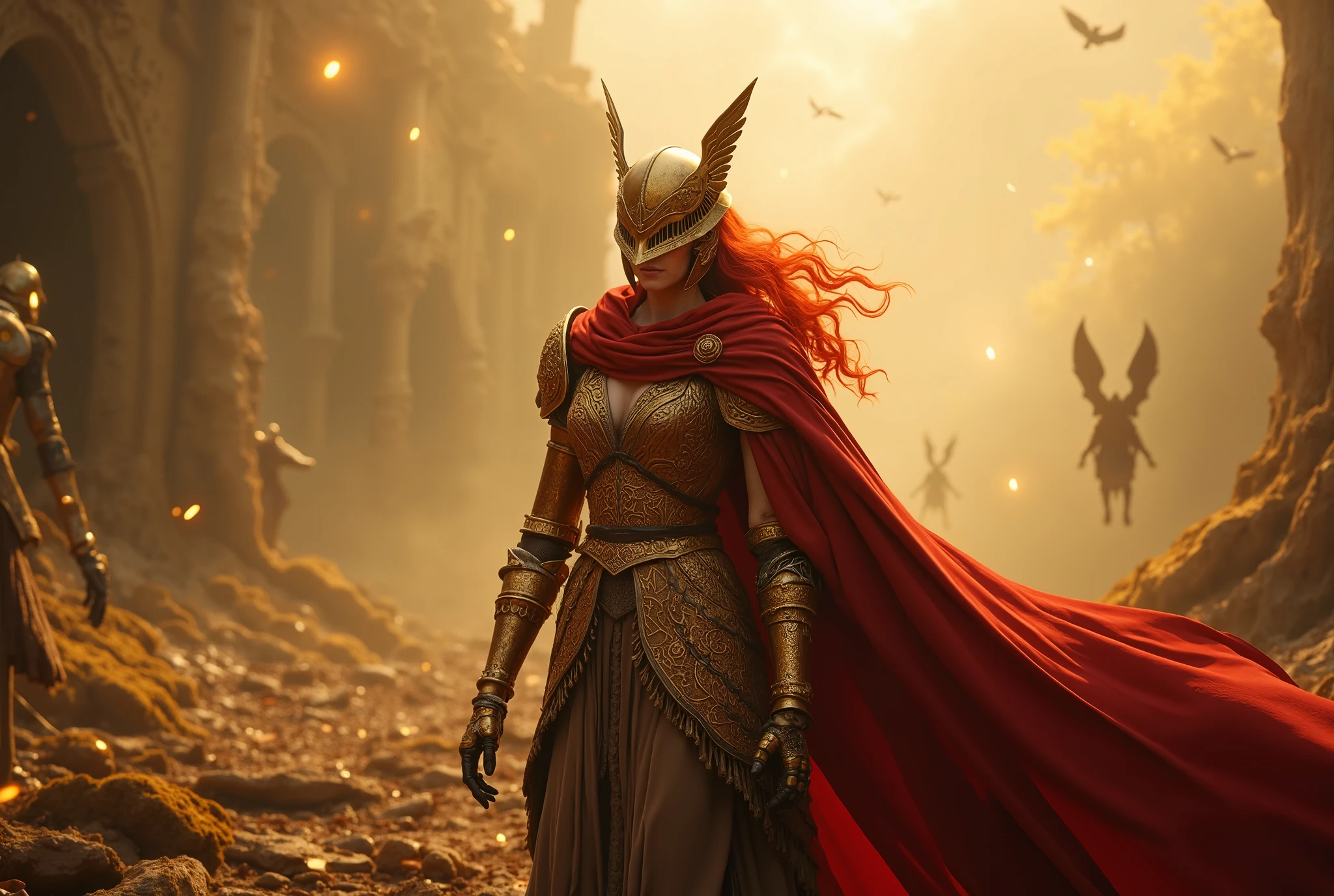 A highly detailed, cinematic portrait of Malenia, Blade of Miquella, standing in a mystical battlefield covered in golden rot. She wears ornate, battle-worn golden armor with intricate engravings, a flowing red cape, and her signature winged helm partially obscuring her face. Her long, fiery red hair flows dramatically in the wind, and her prosthetic arm gleams in the soft golden light. Fallen warriors and glowing embers float in the air, adding to the ethereal and ominous atmosphere. The background features an ancient, decaying battlefield shrouded in mist, illuminated by a soft, eerie golden glow. Ultra-realistic, 8K, cinematic lighting, shot with a Sony A7R IV, 85mm f/1.2 lens, hyper-detailed textures