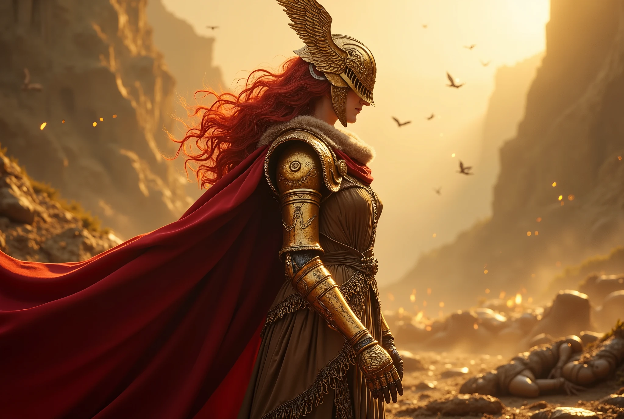 A highly detailed, cinematic portrait of Malenia, Blade of Miquella, standing in a mystical battlefield covered in golden rot. She wears ornate, battle-worn golden armor with intricate engravings, a flowing red cape, and her signature winged helm partially obscuring her face. Her long, fiery red hair flows dramatically in the wind, and her prosthetic arm gleams in the soft golden light. Fallen warriors and glowing embers float in the air, adding to the ethereal and ominous atmosphere. The background features an ancient, decaying battlefield shrouded in mist, illuminated by a soft, eerie golden glow. Ultra-realistic, 8K, cinematic lighting, shot with a Sony A7R IV, 85mm f/1.2 lens, hyper-detailed textures