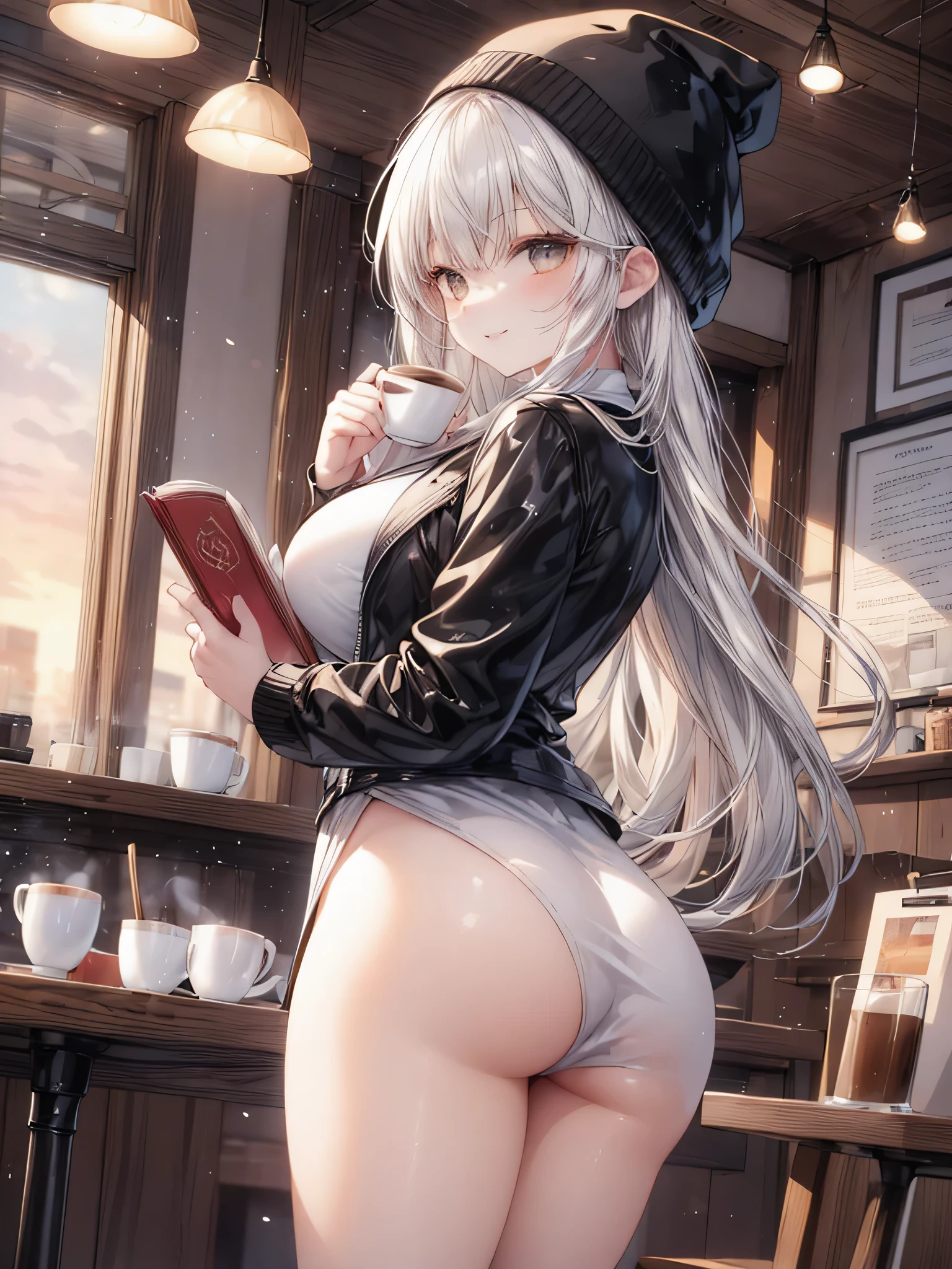 Masterpiece, best quality, aesthetic sense, high resolution, beautiful woman drawn in the best quality and detail, sticking out her buttocks, wearing underwear, long silver hair, red eyes, woman with glasses