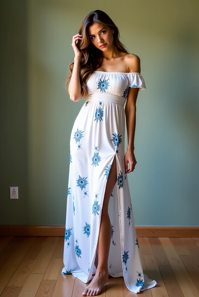 The subject is wearing a white dress with blue floral patterns - SeaArt AI